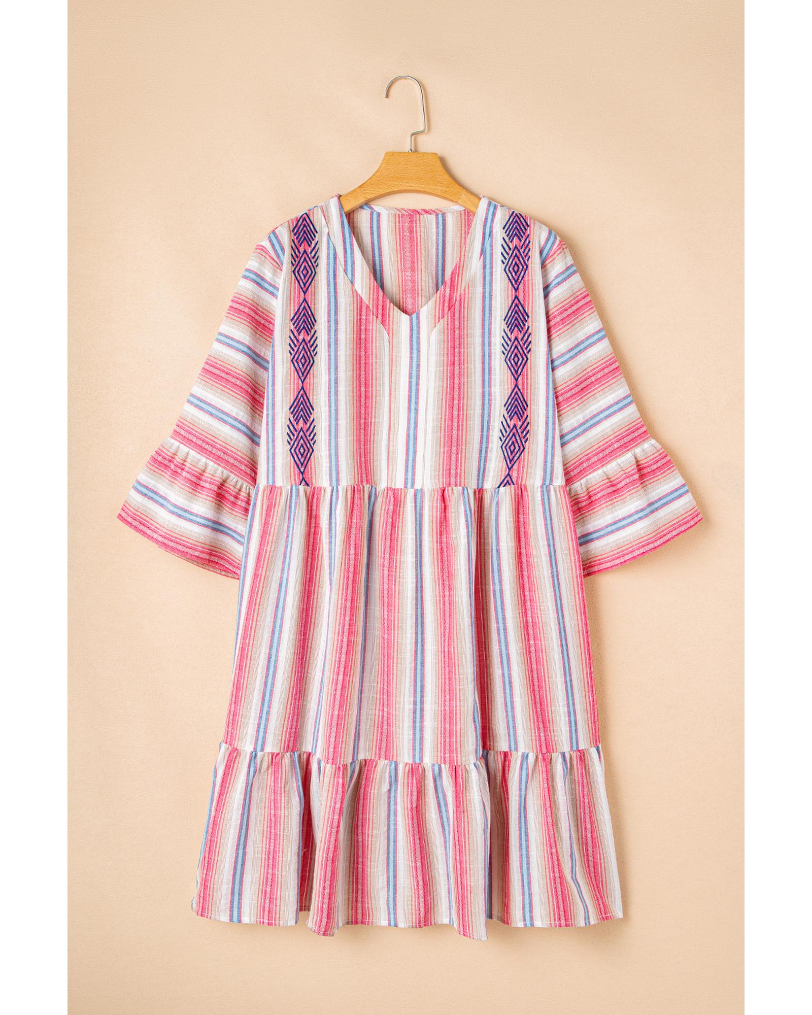 White Stripe Plus Size Embroidered Detail Flared 3/4 Sleeve V Neck Dress - 4X