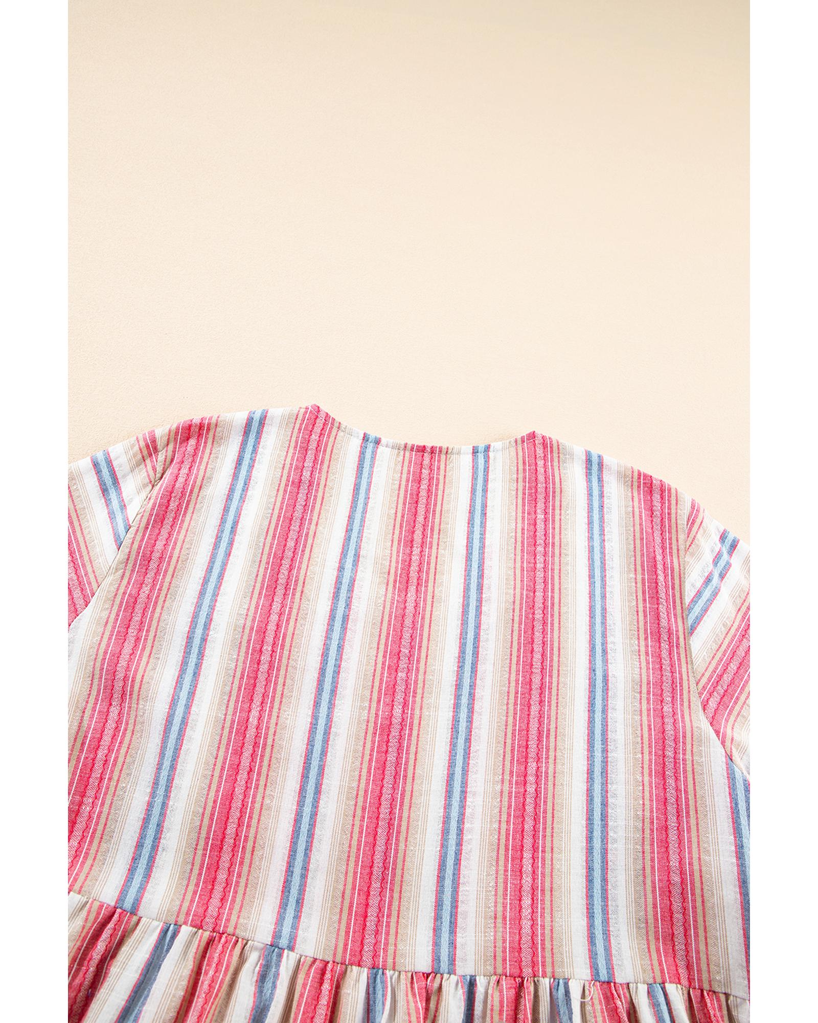 White Stripe Plus Size Embroidered Detail Flared 3/4 Sleeve V Neck Dress - 4X