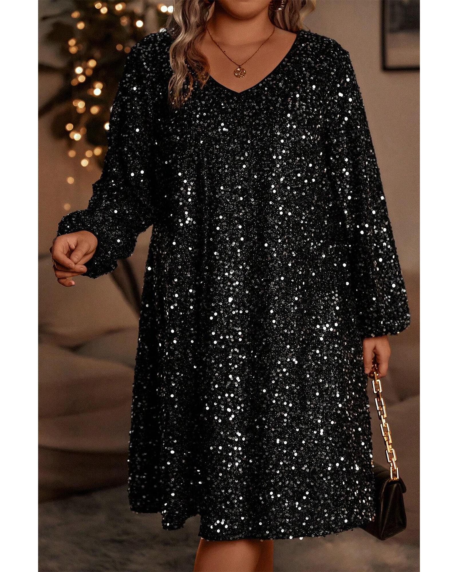 Color black Plus Size Bubble Sleeve V Neck Sequin Dress - 1X