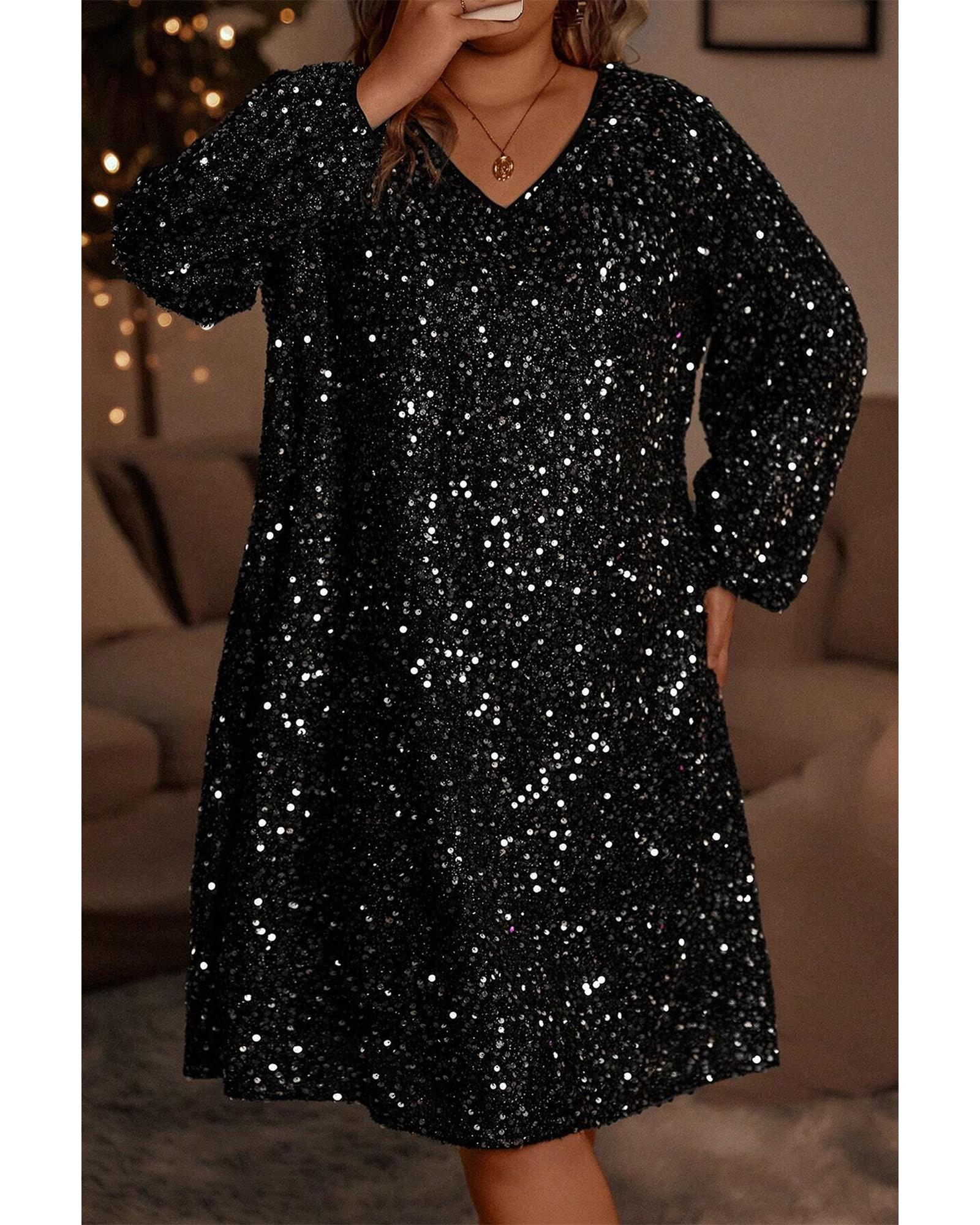 Color black Plus Size Bubble Sleeve V Neck Sequin Dress - 1X