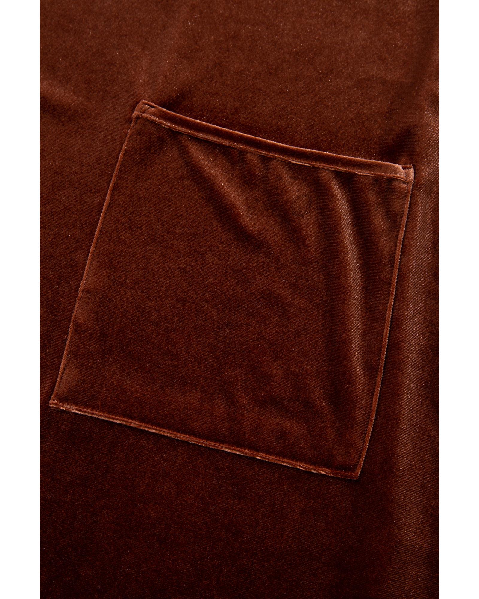 Coffee Plus Size V Neck Collared Pleated Back Rounded Hem Velvet Dress - 3X