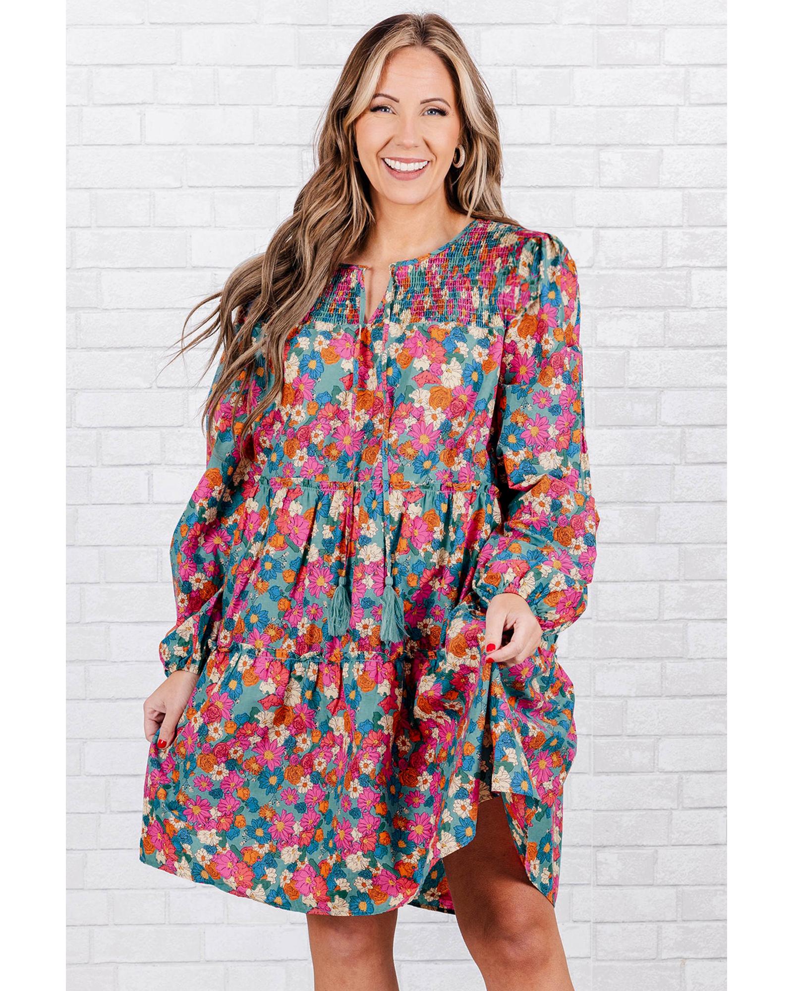 Sky Blue Plus Size Floral Print Shirred Ruffle Tiered Mini Dress - 2X