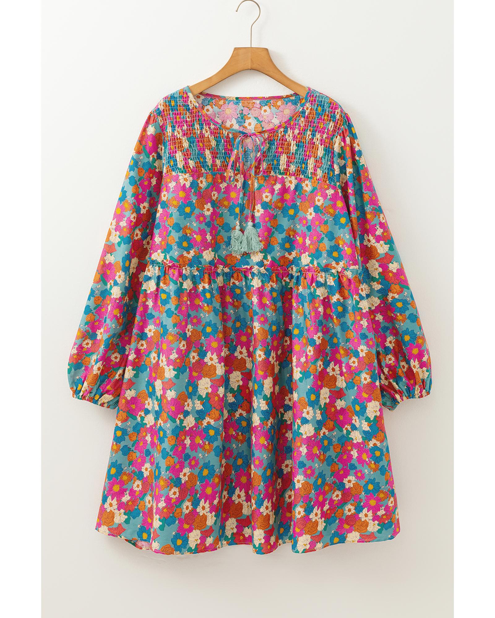 Sky Blue Plus Size Floral Print Shirred Ruffle Tiered Mini Dress - 3X