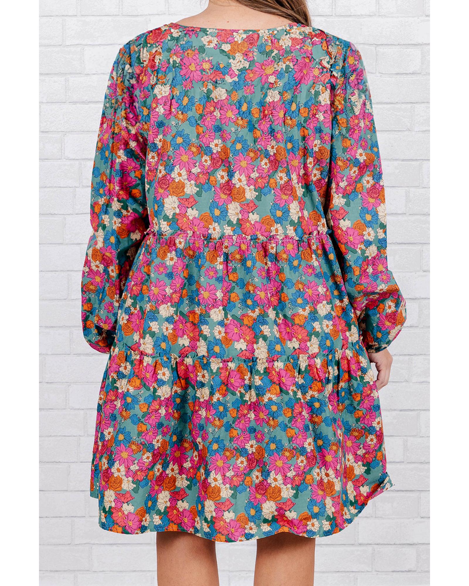 Sky Blue Plus Size Floral Print Shirred Ruffle Tiered Mini Dress - 4X