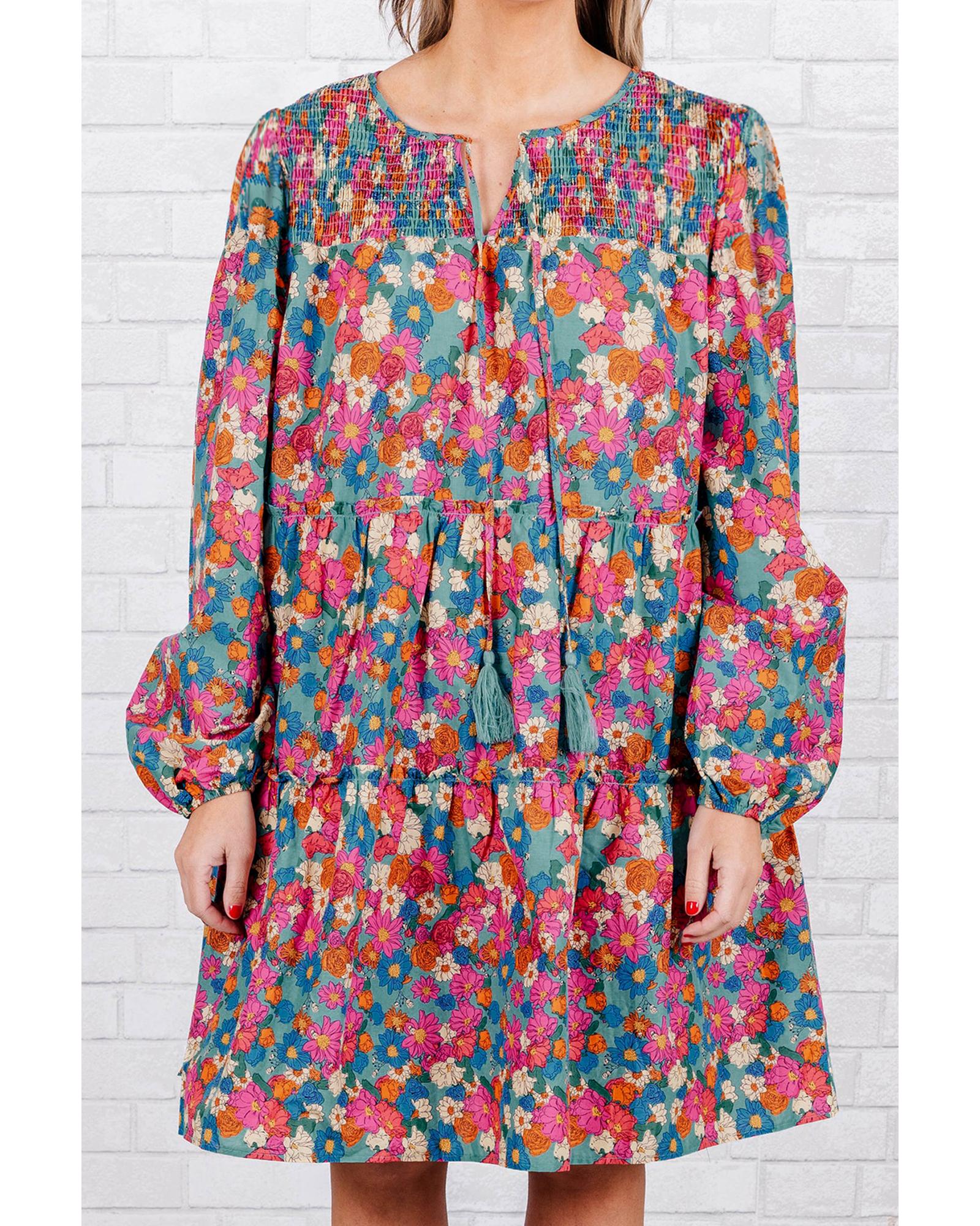 Sky Blue Plus Size Floral Print Shirred Ruffle Tiered Mini Dress - 4X