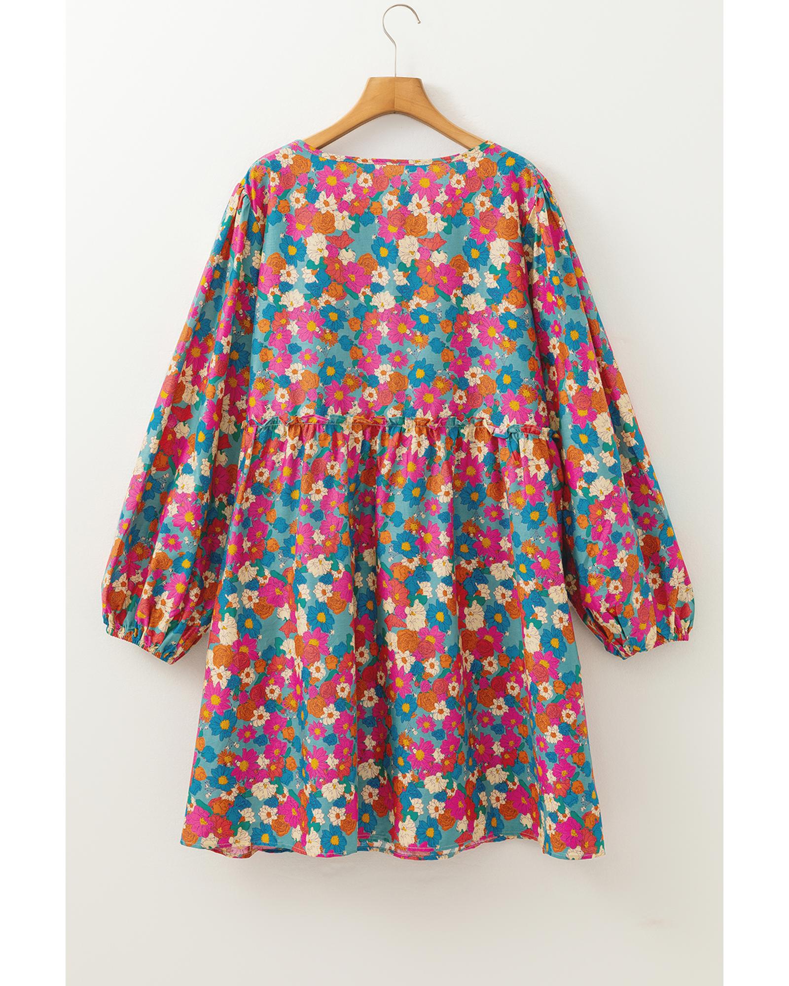 Sky Blue Plus Size Floral Print Shirred Ruffle Tiered Mini Dress - 4X
