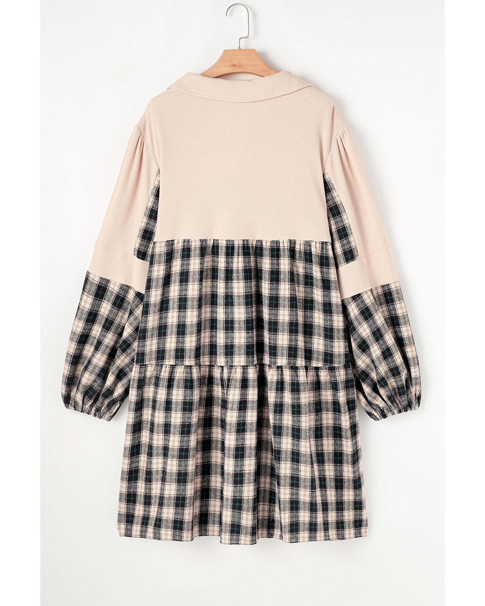 Black Plaid Waffle Knit Patchwork Collared V Neck Plus Size Mini Dress - 1X