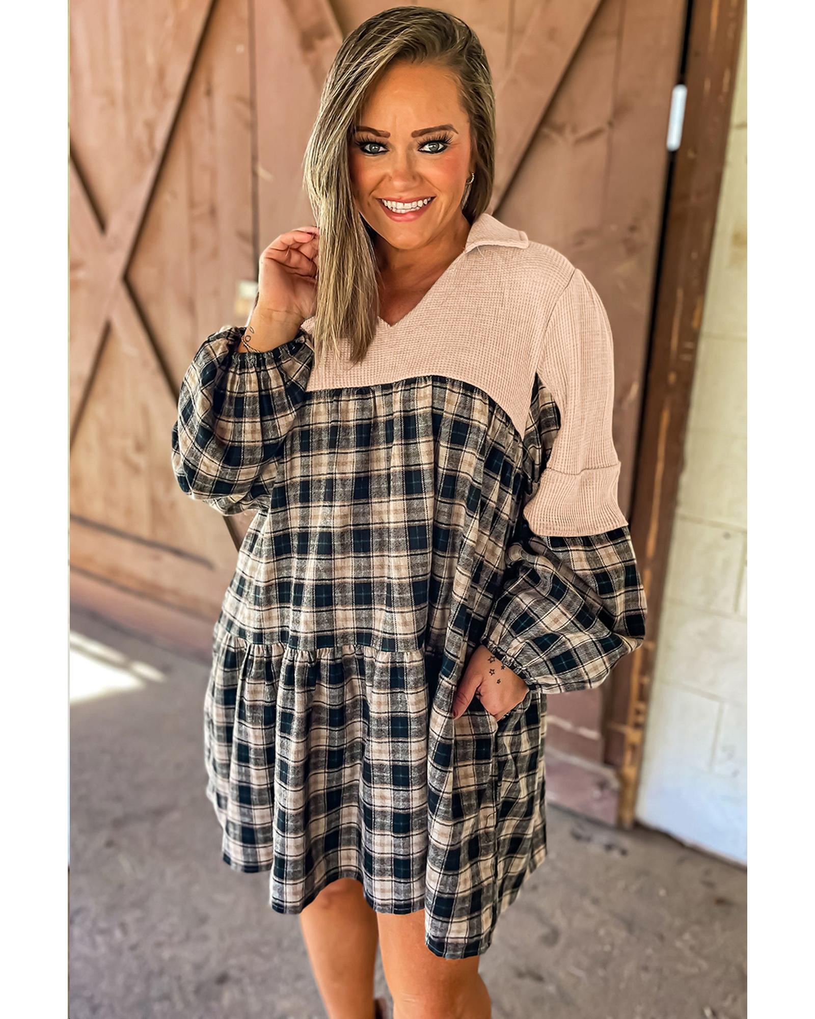 Black Plaid Waffle Knit Patchwork Collared V Neck Plus Size Mini Dress - 1X