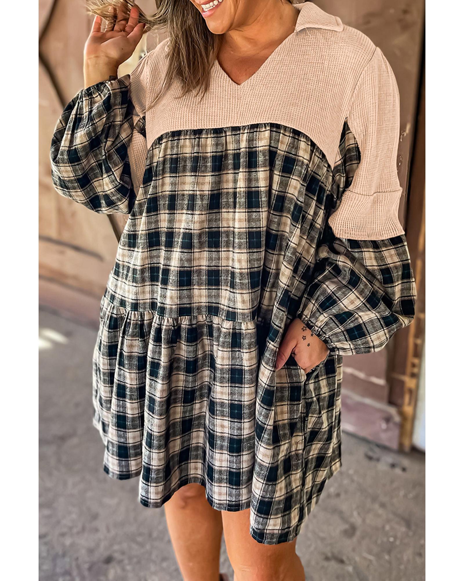 Black Plaid Waffle Knit Patchwork Collared V Neck Plus Size Mini Dress - 1X