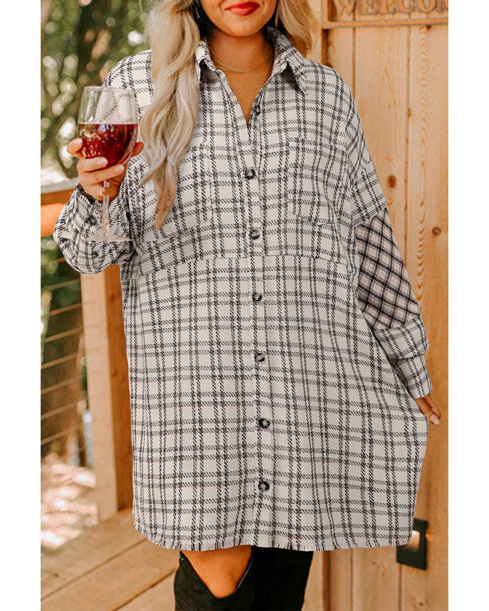 White Stripe Plus Size Plaid Buttoned Raw Hem Tunic Shirt Dress - 1X