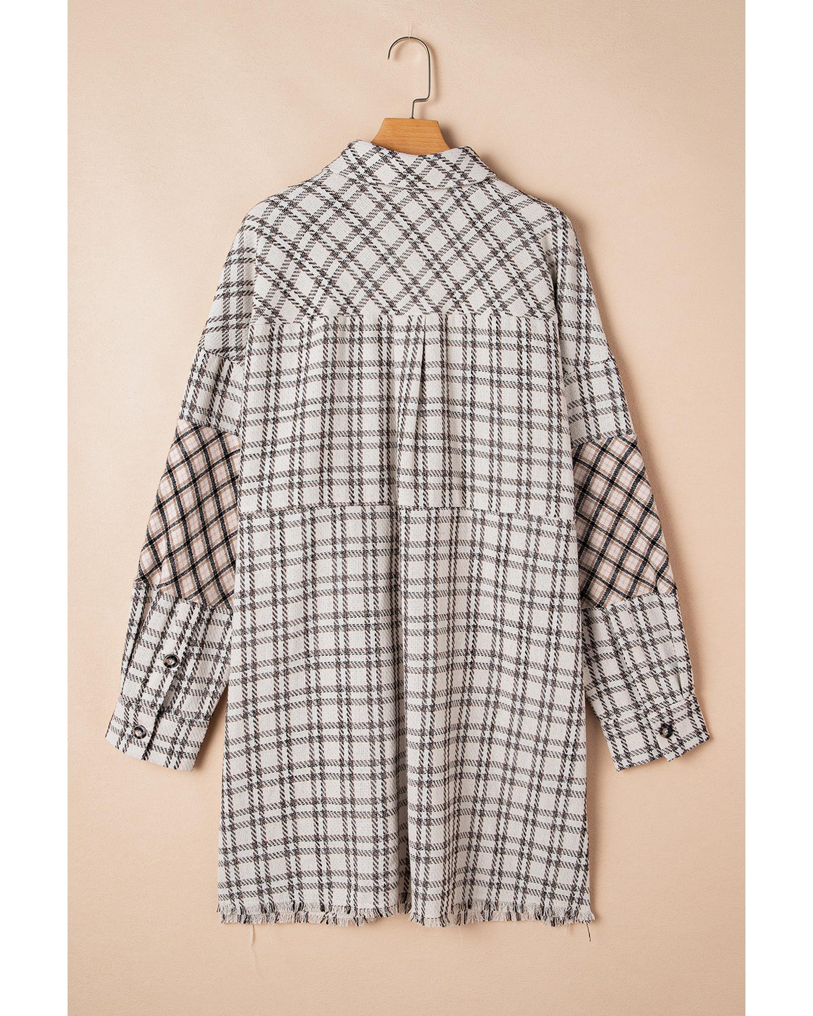 White Stripe Plus Size Plaid Buttoned Raw Hem Tunic Shirt Dress - 1X