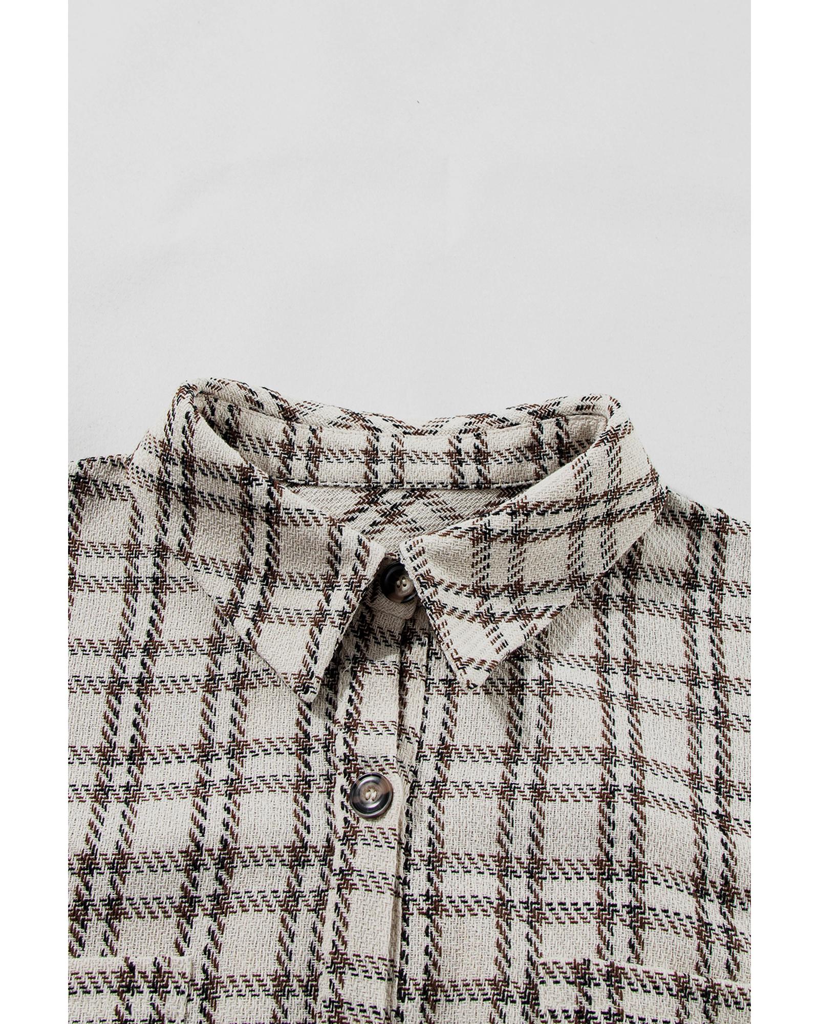 White Stripe Plus Size Plaid Buttoned Raw Hem Tunic Shirt Dress - 2X
