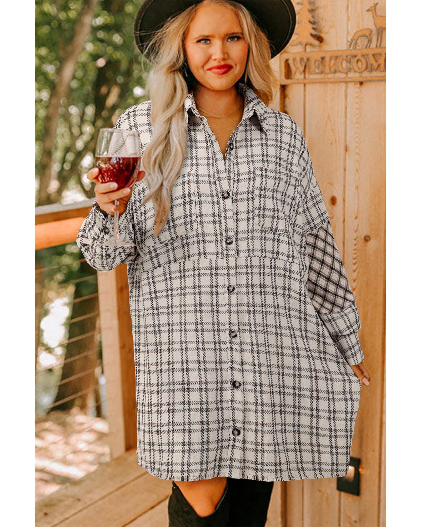 White Stripe Plus Size Plaid Buttoned Raw Hem Tunic Shirt Dress - 4X