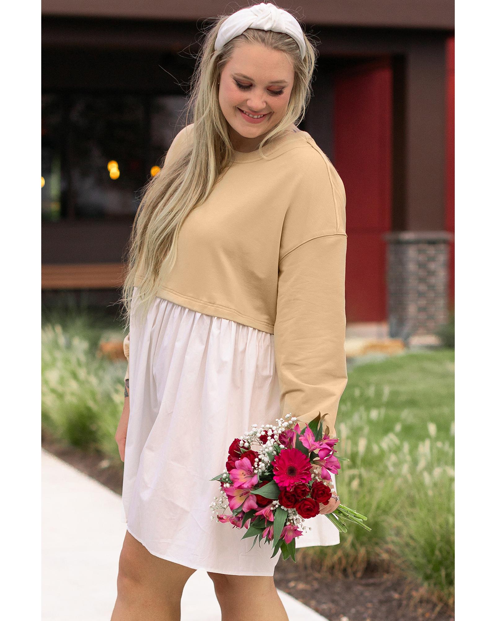 Apricot Color Block Patchwork Ruffled Plus Size Mini Dress - 1X