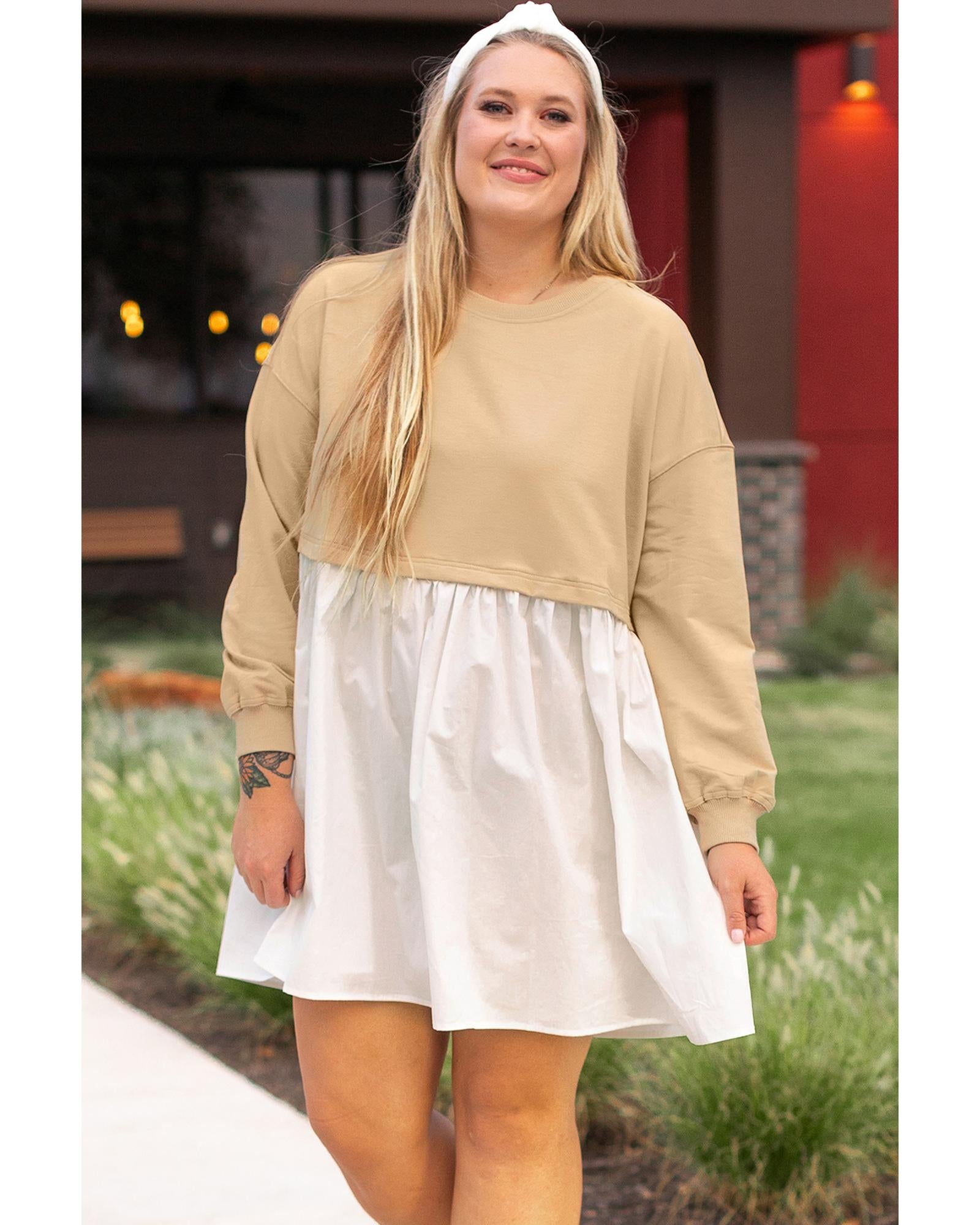 Apricot Color Block Patchwork Ruffled Plus Size Mini Dress - 1X