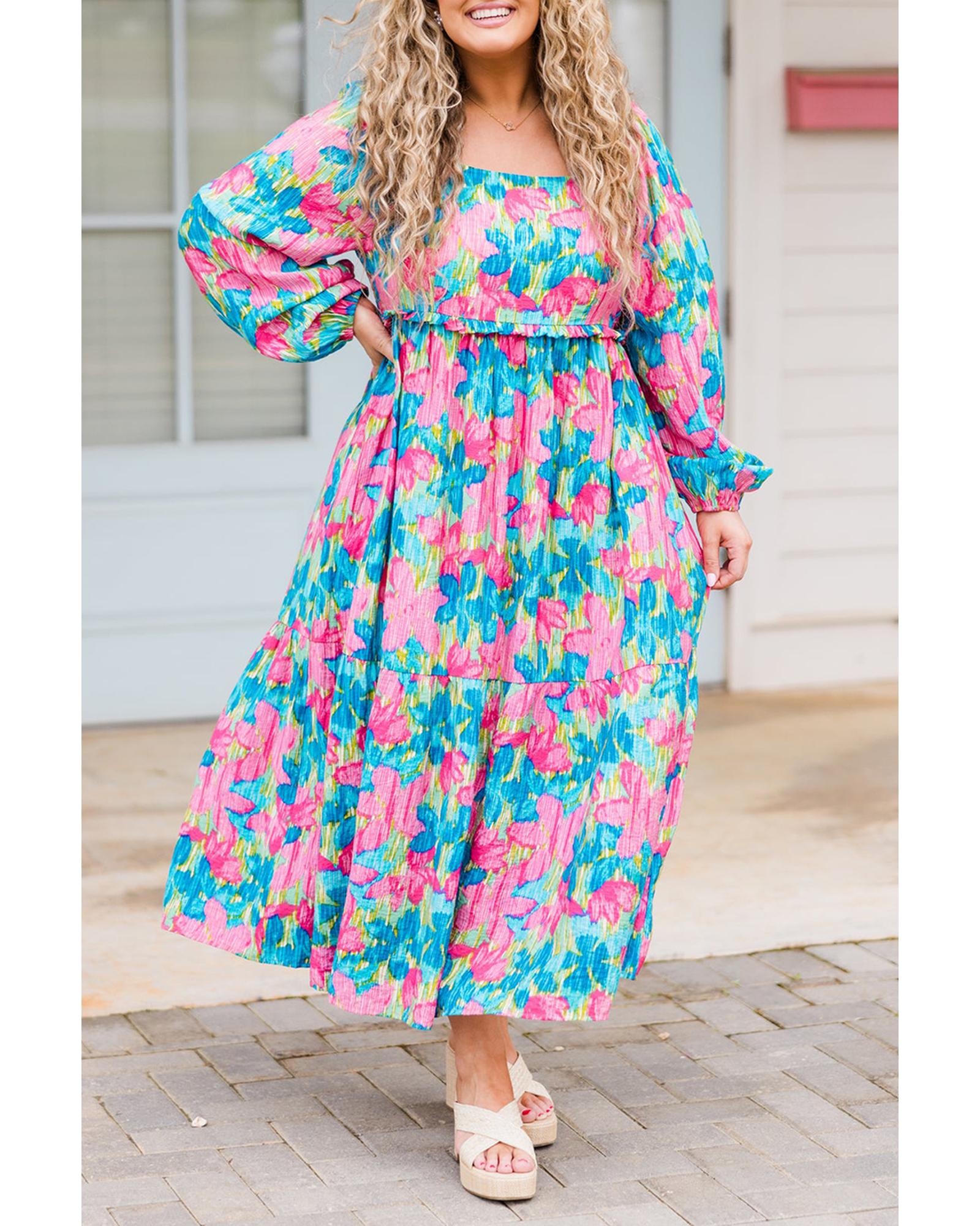Sky Blue Floral Allover Print Shirred Square Neck Plus Size Maxi Dress - 1X