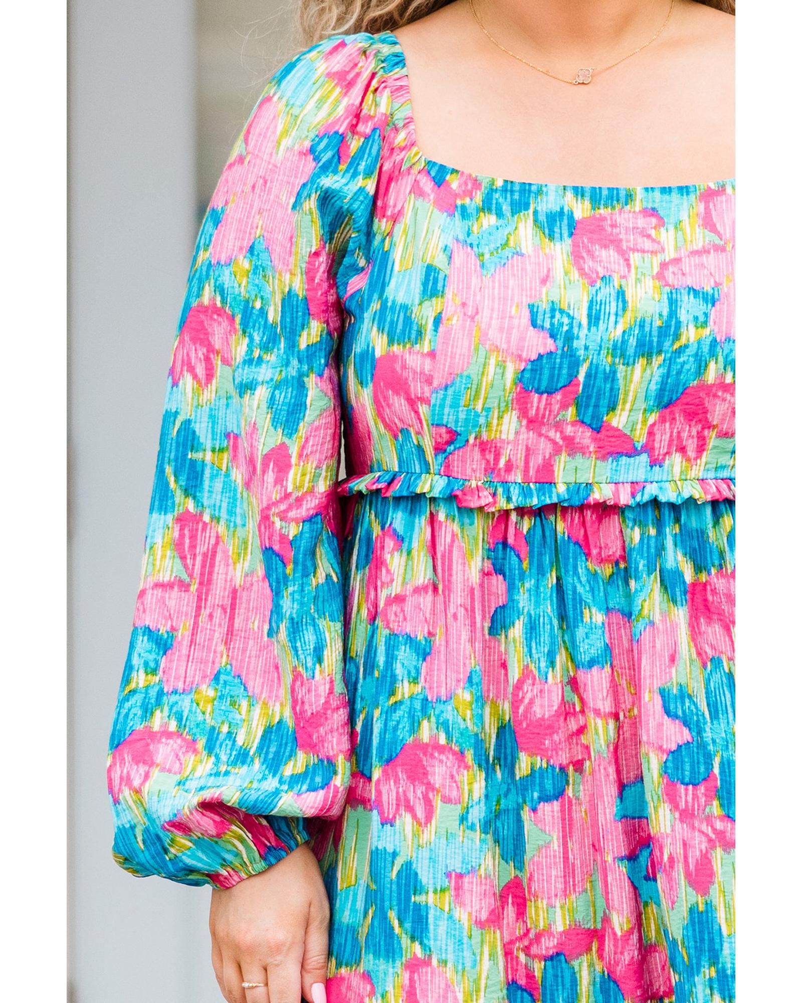 Sky Blue Floral Allover Print Shirred Square Neck Plus Size Maxi Dress - 1X