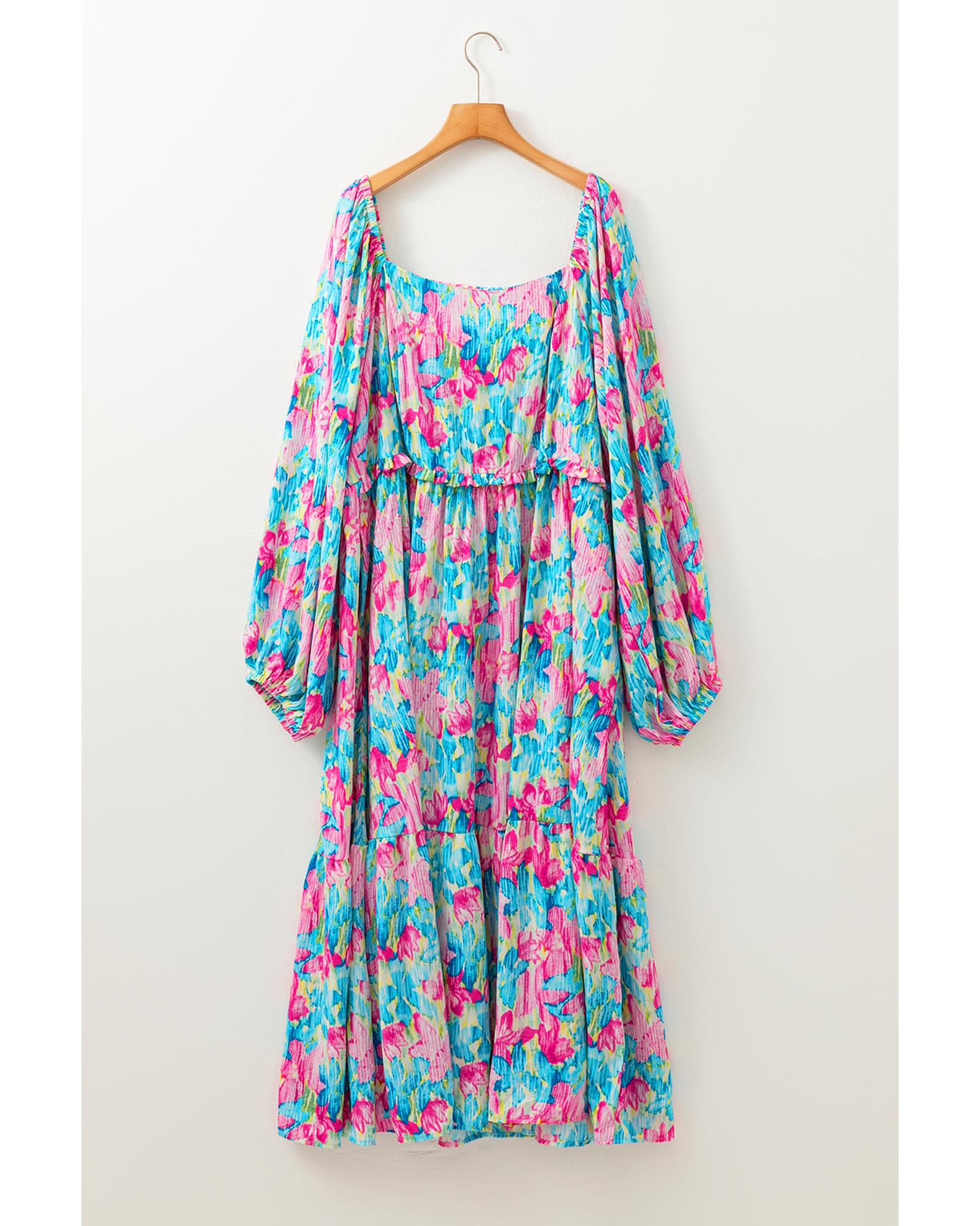 Sky Blue Floral Allover Print Shirred Square Neck Plus Size Maxi Dress - 1X