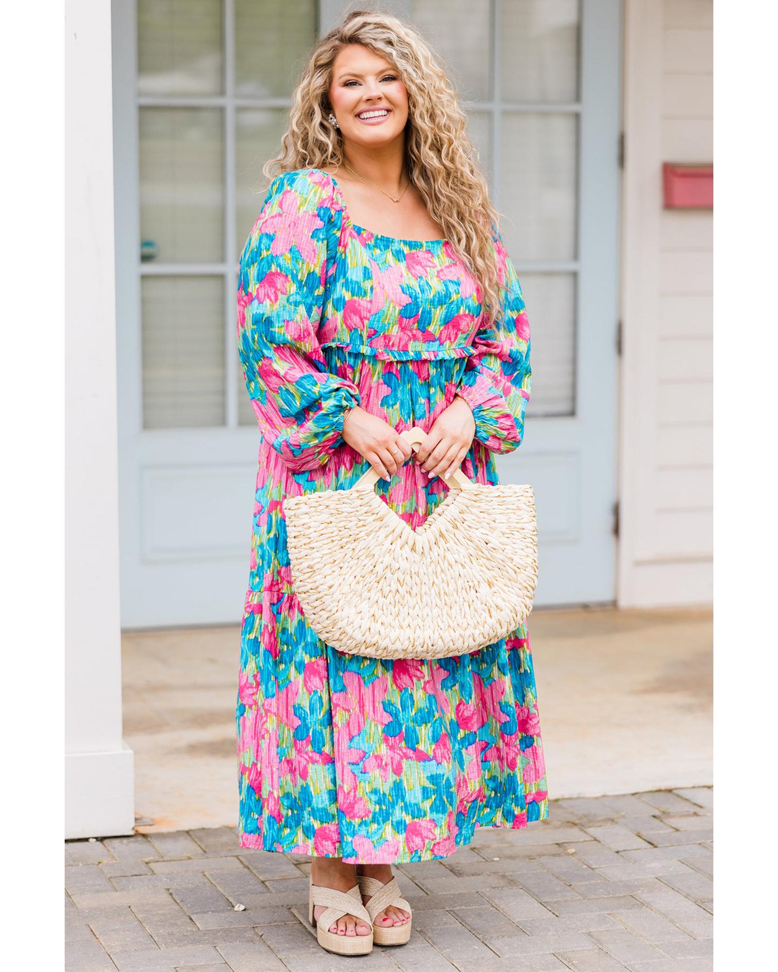 Sky Blue Floral Allover Print Shirred Square Neck Plus Size Maxi Dress - 1X