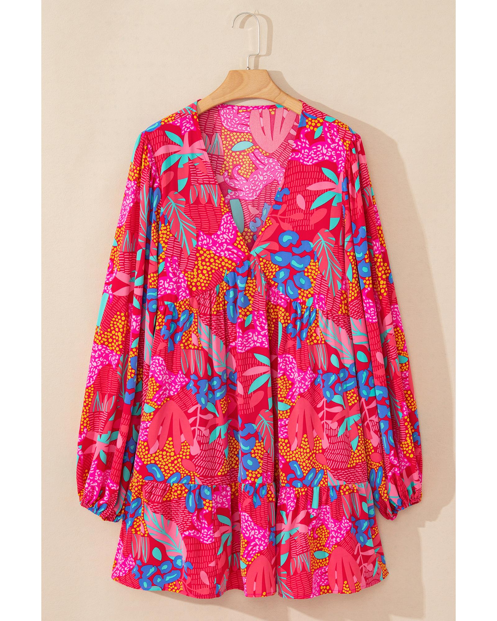 Rose Tropical Printed Lantern Sleeve V Neck Ruffled Plus Size Mini Dress - 1X