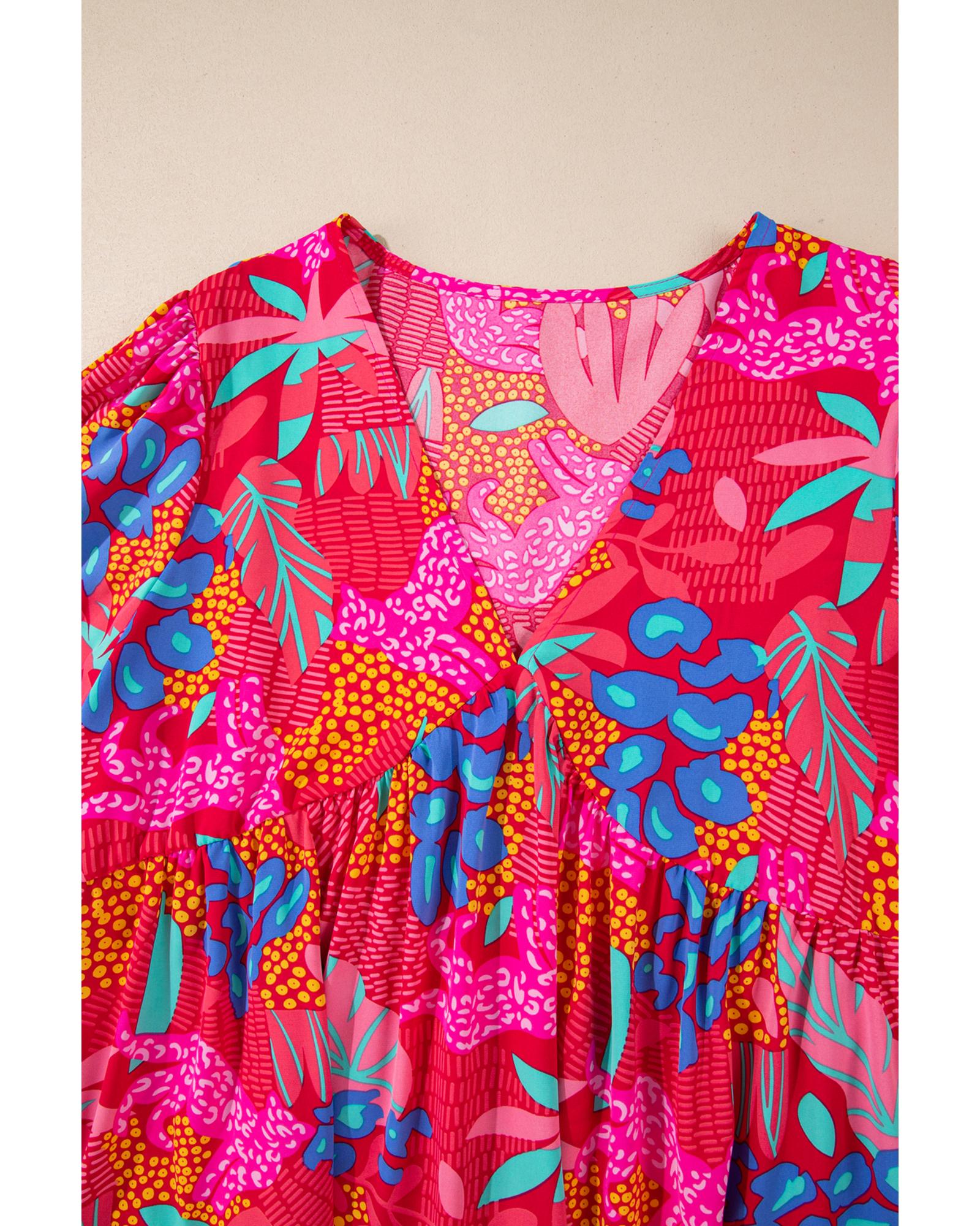 Rose Tropical Printed Lantern Sleeve V Neck Ruffled Plus Size Mini Dress - 1X