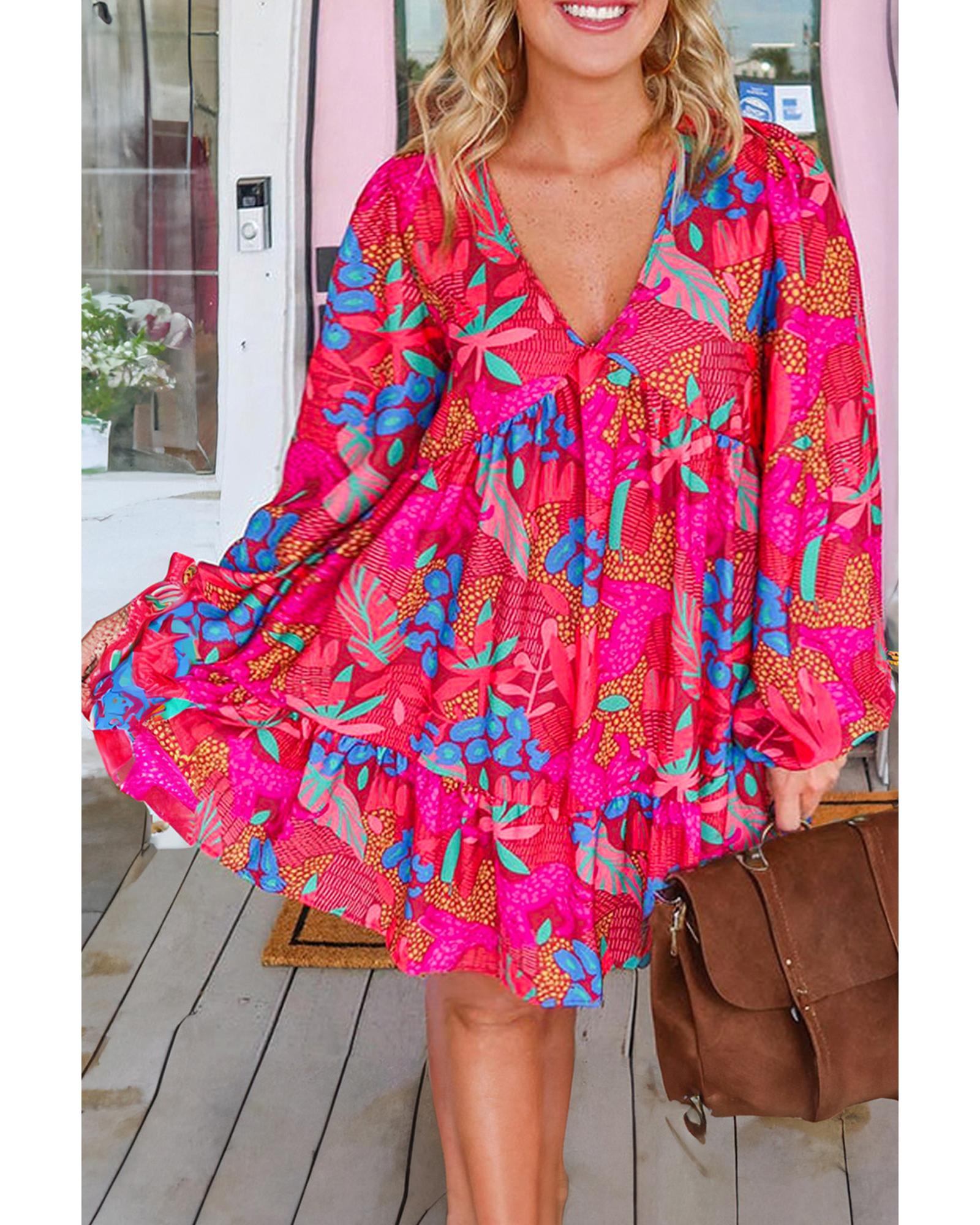 Rose Tropical Printed Lantern Sleeve V Neck Ruffled Plus Size Mini Dress - 1X