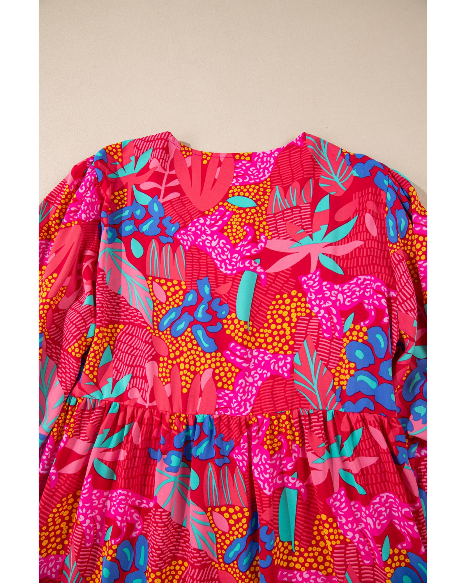 Rose Tropical Printed Lantern Sleeve V Neck Ruffled Plus Size Mini Dress - 1X