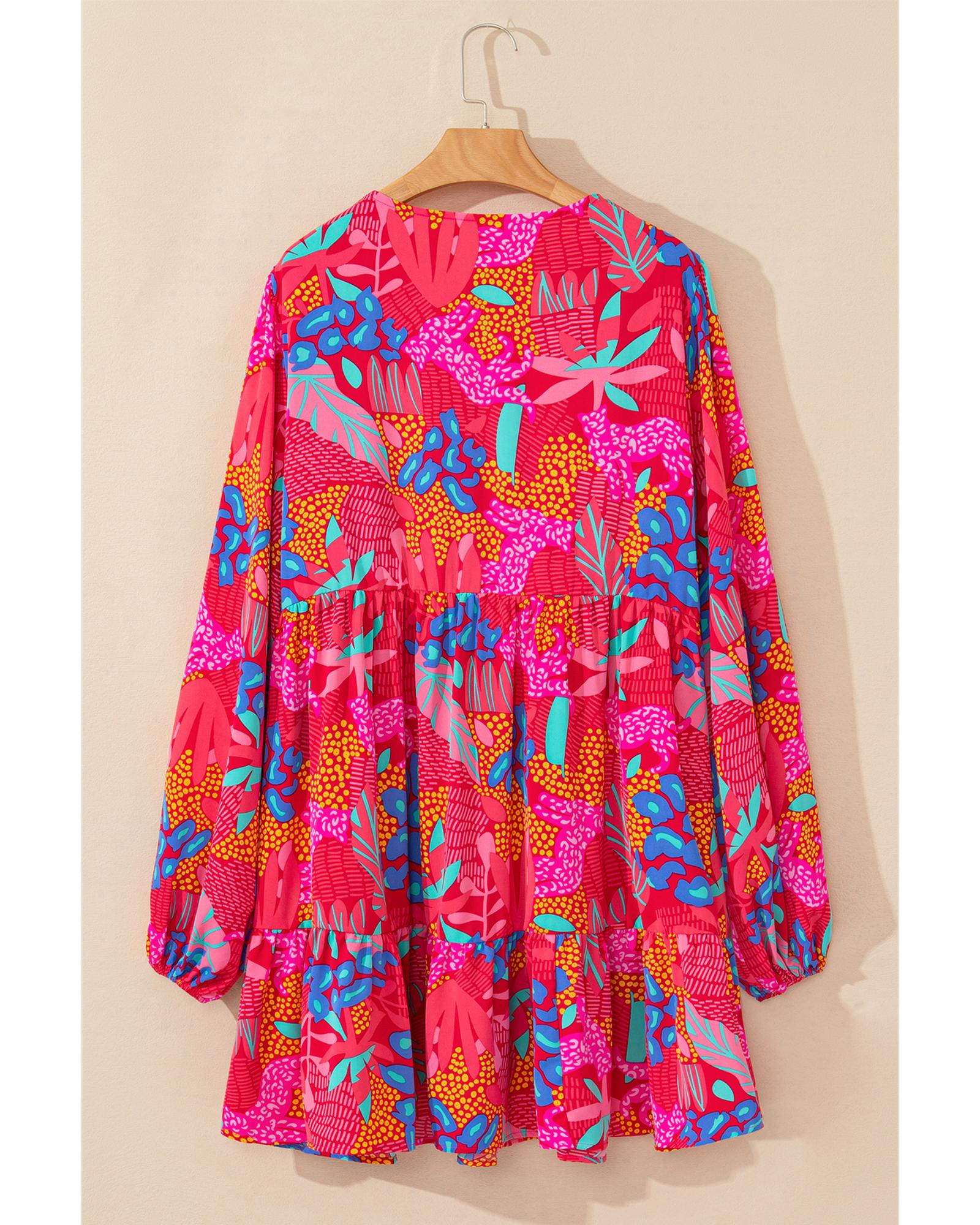 Rose Tropical Printed Lantern Sleeve V Neck Ruffled Plus Size Mini Dress - 1X