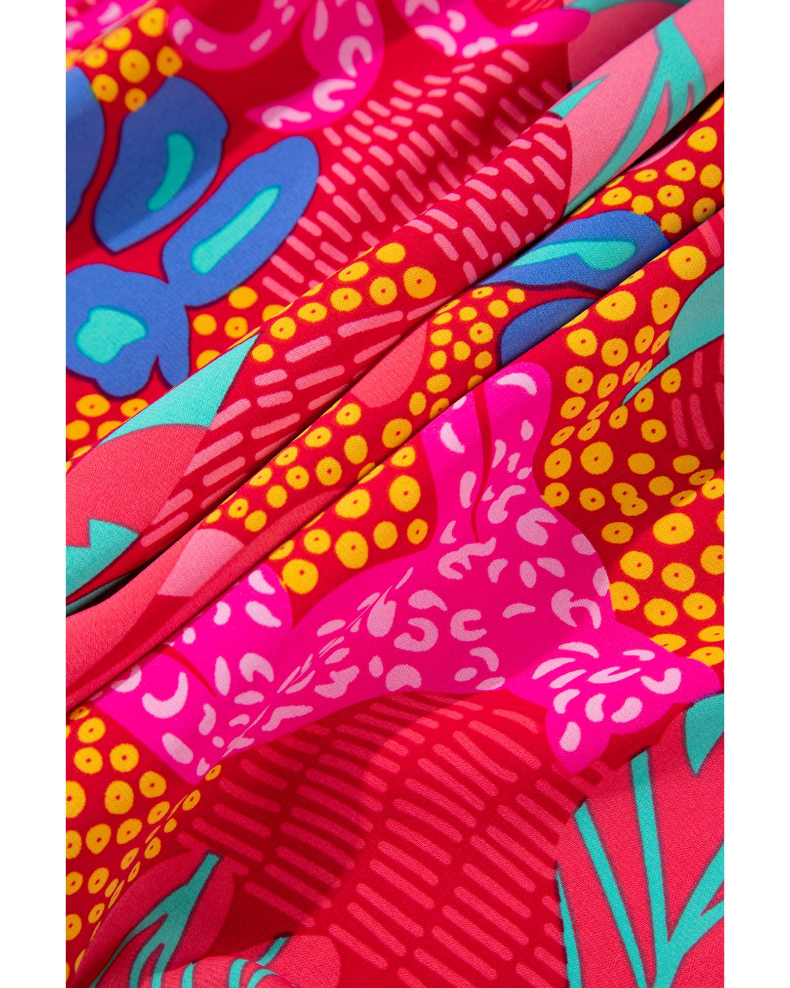 Rose Tropical Printed Lantern Sleeve V Neck Ruffled Plus Size Mini Dress - 1X