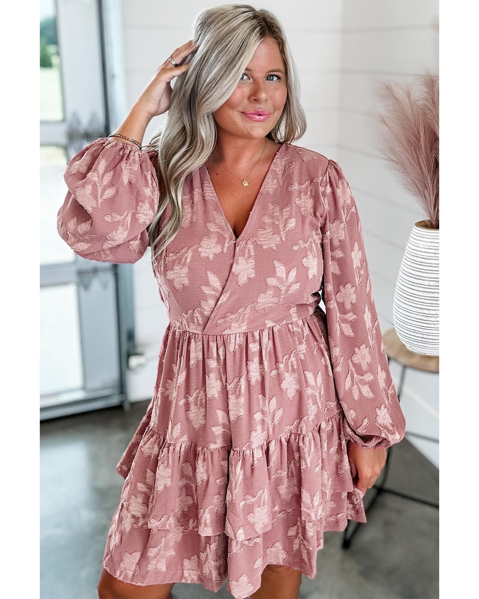Peach Blossom Floral Surplice V Neck Tiered Ruffled Plus Size Dress - 4X