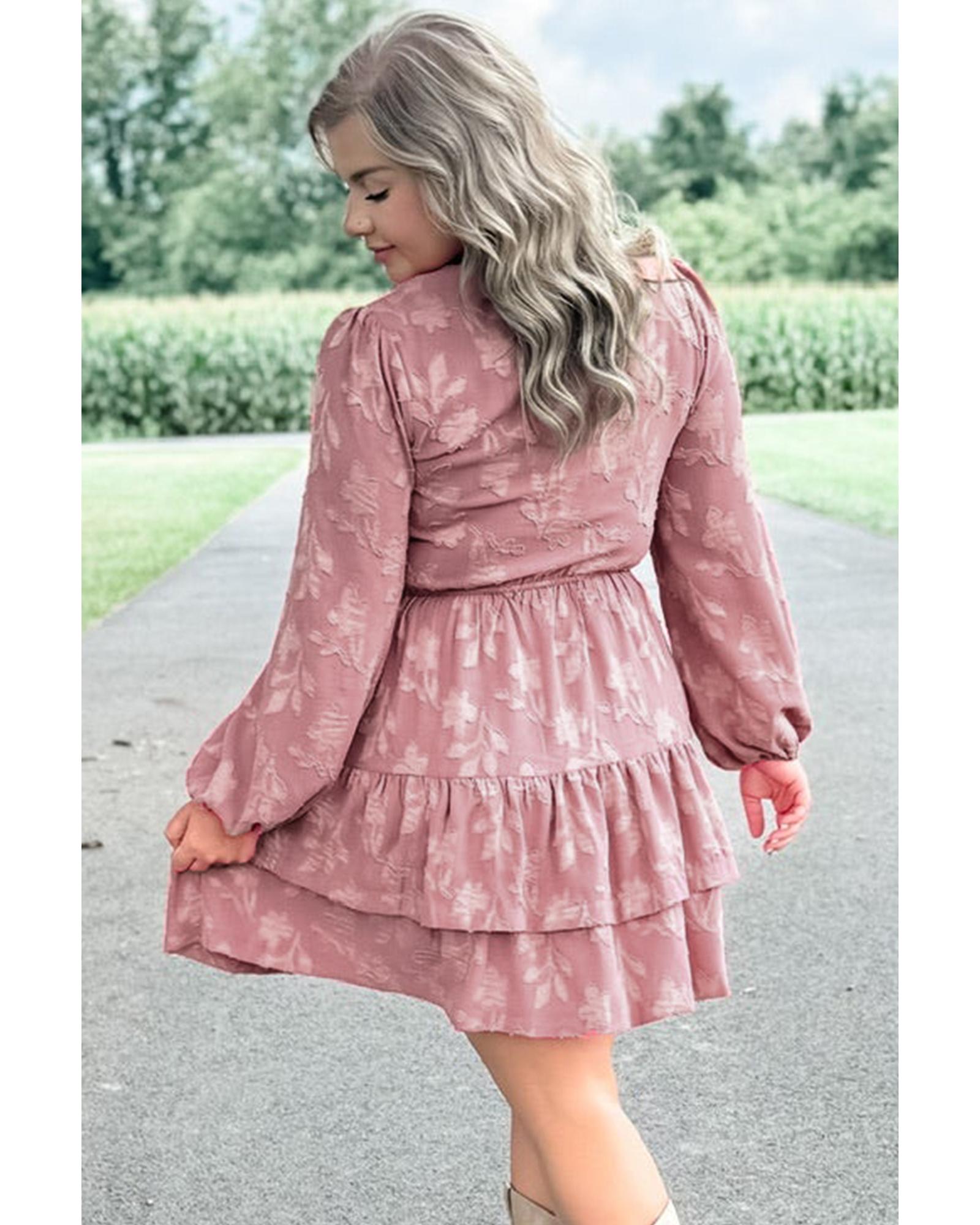 Peach Blossom Floral Surplice V Neck Tiered Ruffled Plus Size Dress - 4X