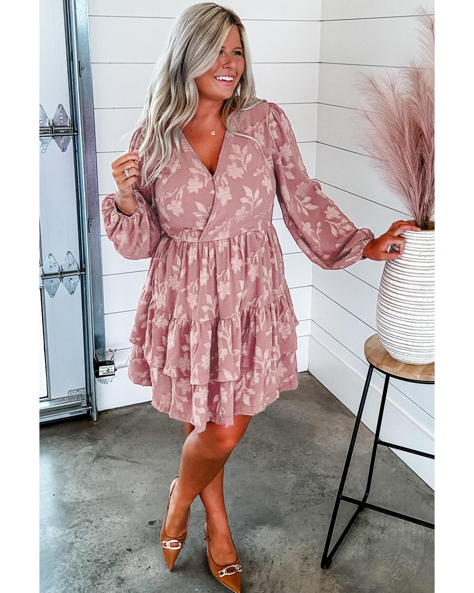Peach Blossom Floral Surplice V Neck Tiered Ruffled Plus Size Dress - 4X