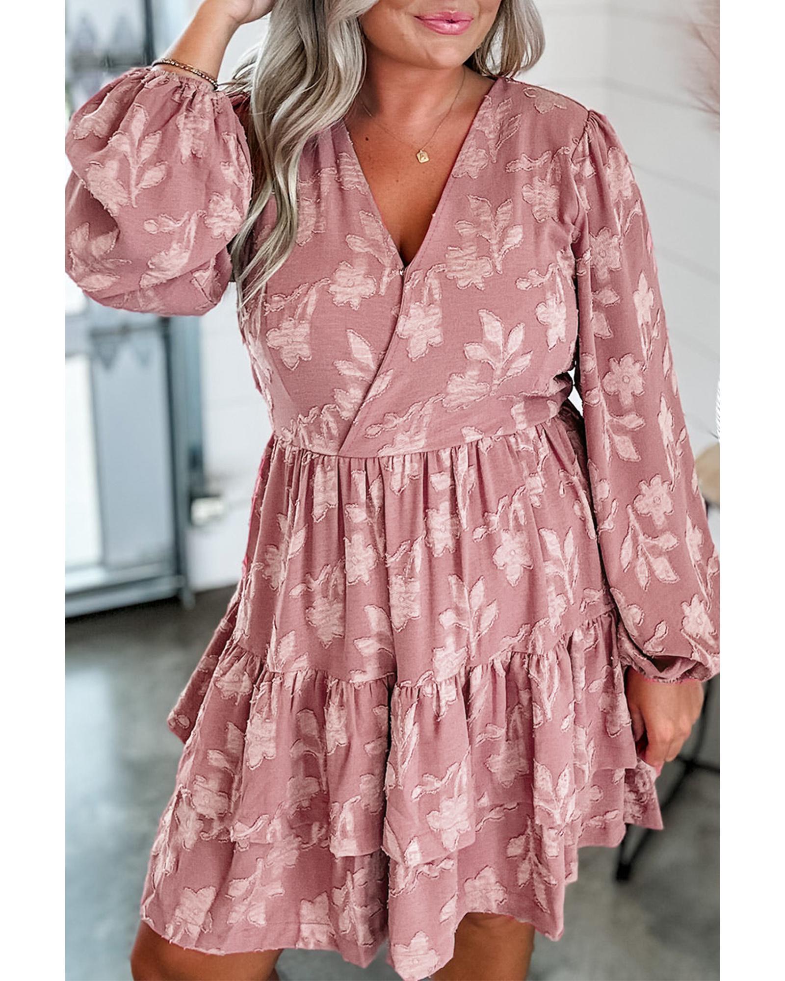 Peach Blossom Floral Surplice V Neck Tiered Ruffled Plus Size Dress - 4X