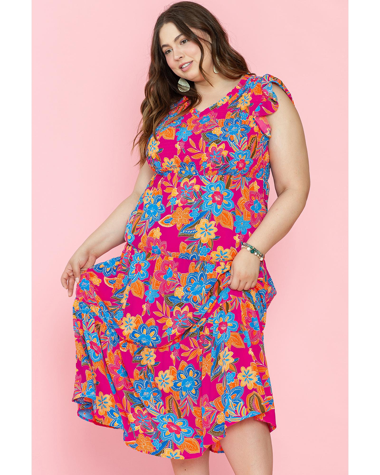 Red Floral Print Ruffled Sleeveless Plus Size Long Dress - 1X