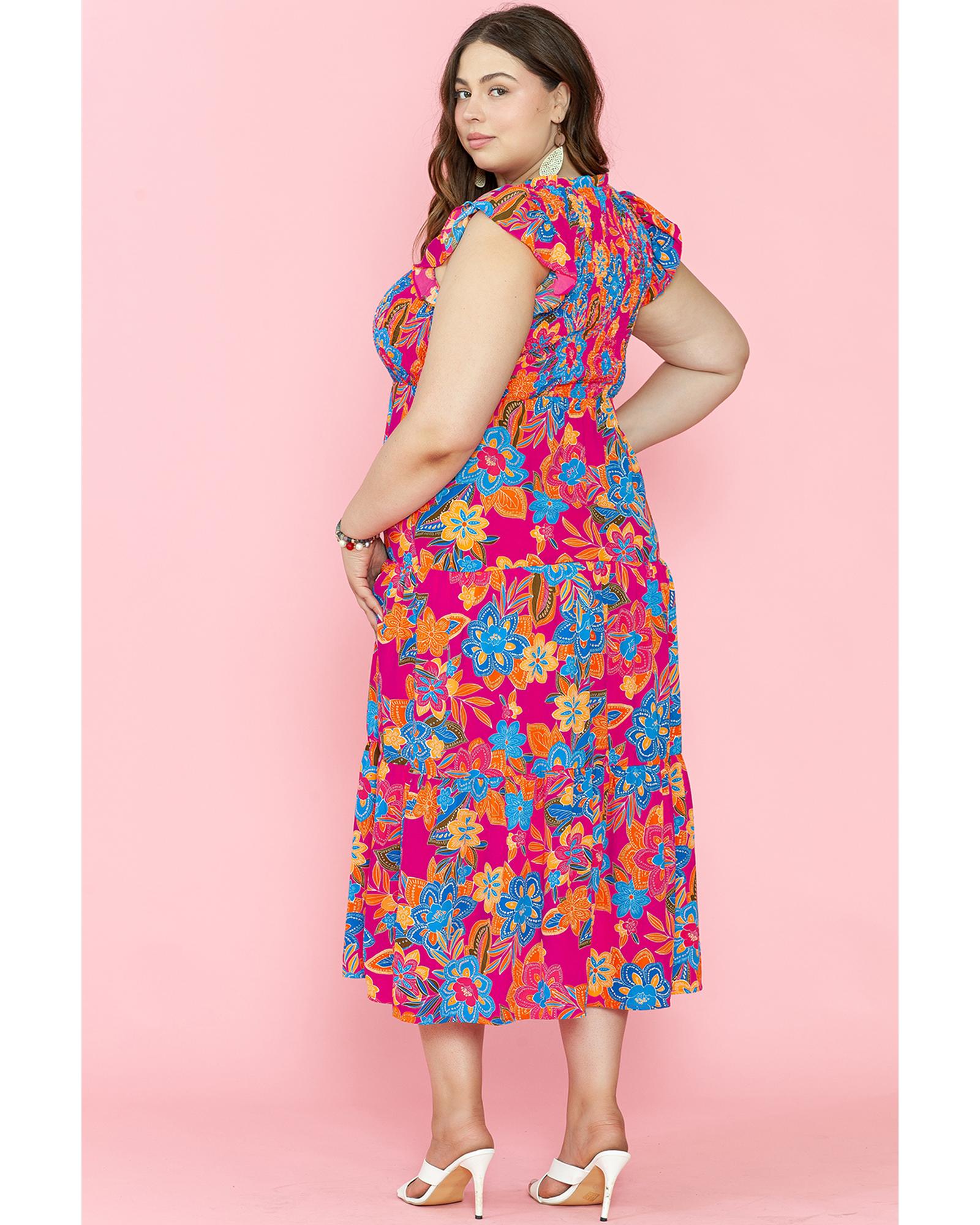 Red Floral Print Ruffled Sleeveless Plus Size Long Dress - 1X