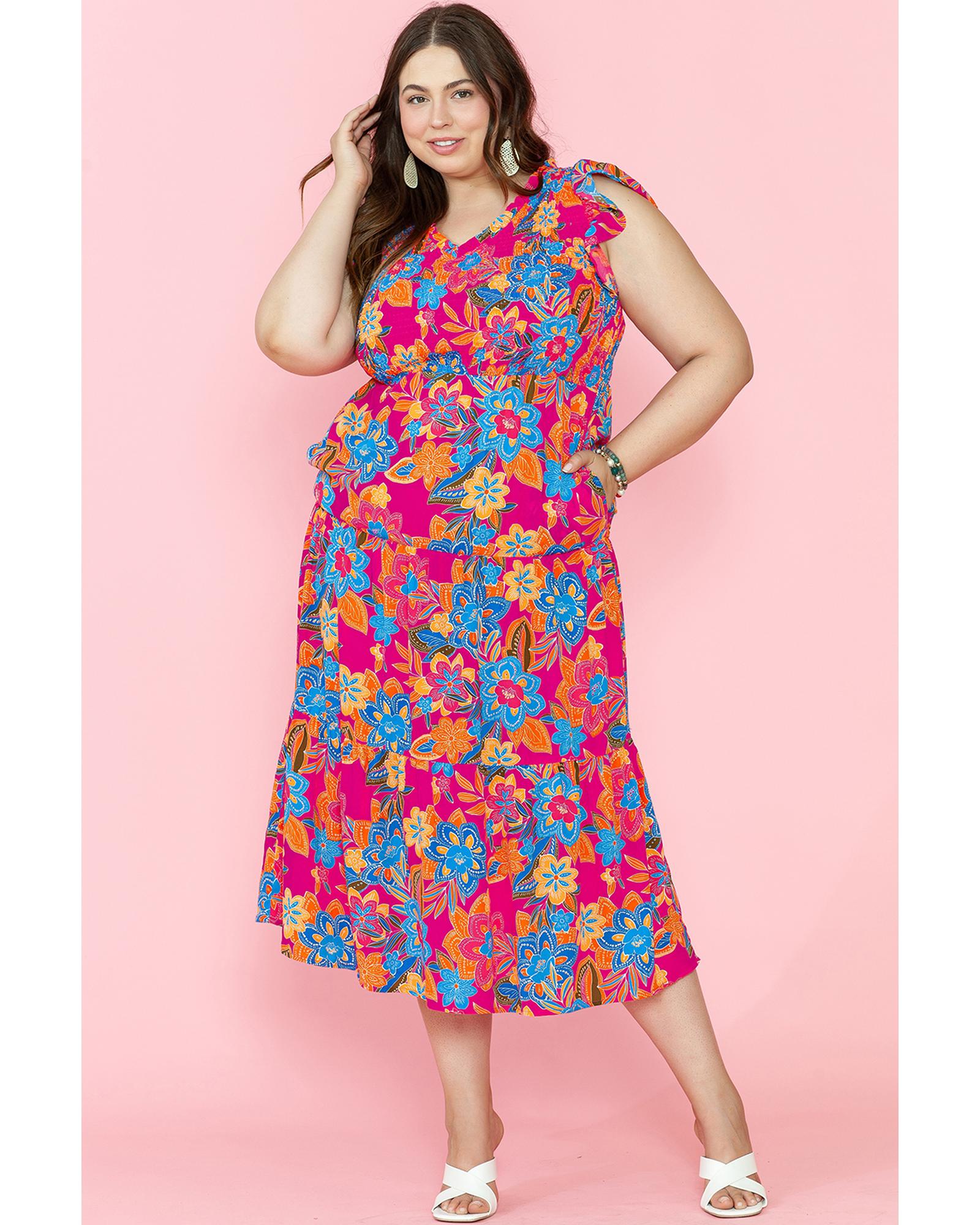 Red Floral Print Ruffled Sleeveless Plus Size Long Dress - 1X