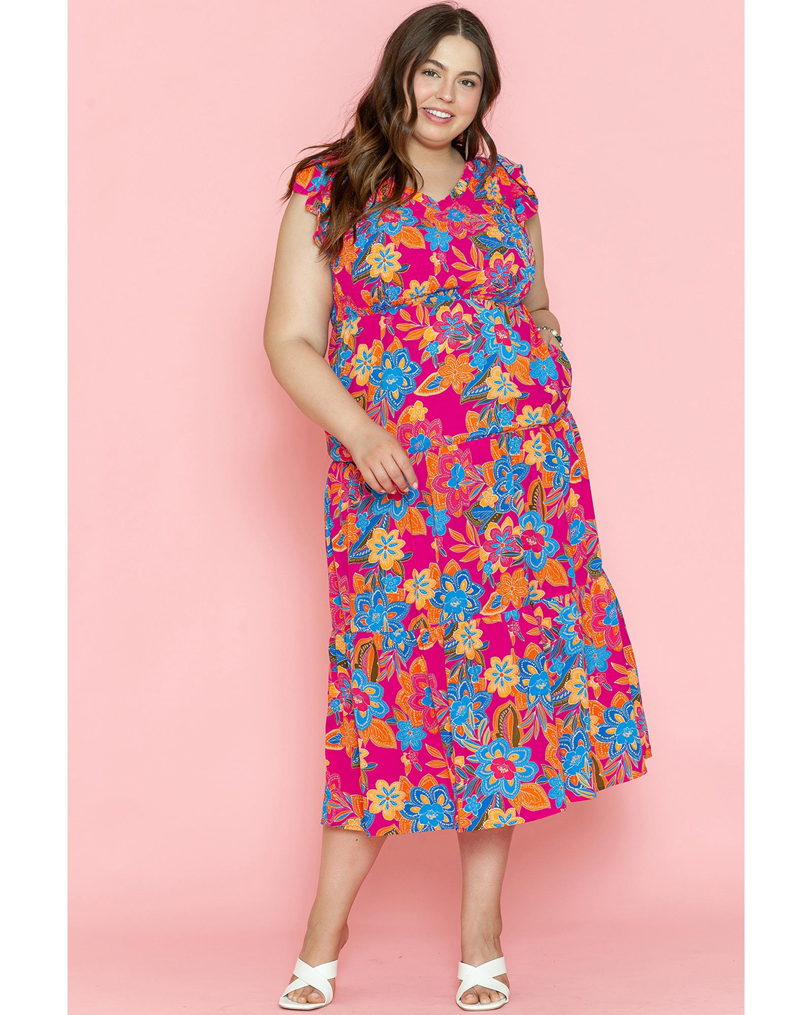 Red Floral Print Ruffled Sleeveless Plus Size Long Dress - 1X
