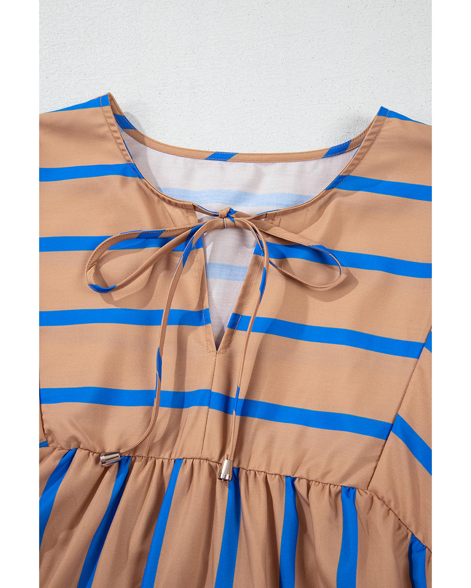Khaki Stripe Contrast Striped Print 3/4 Sleeve Babydoll Plus Size Dress - 2X
