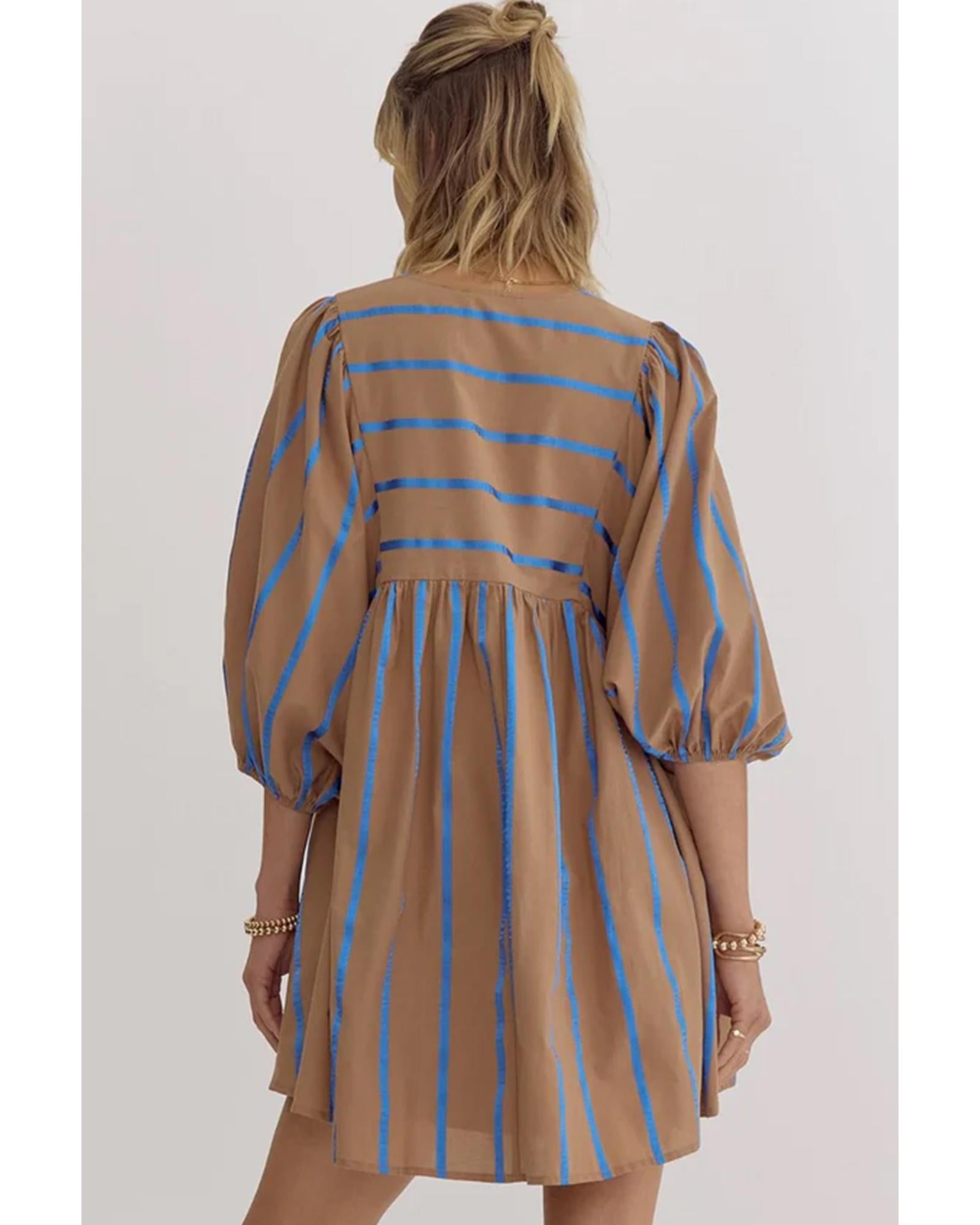 Khaki Stripe Contrast Striped Print 3/4 Sleeve Babydoll Plus Size Dress - 2X