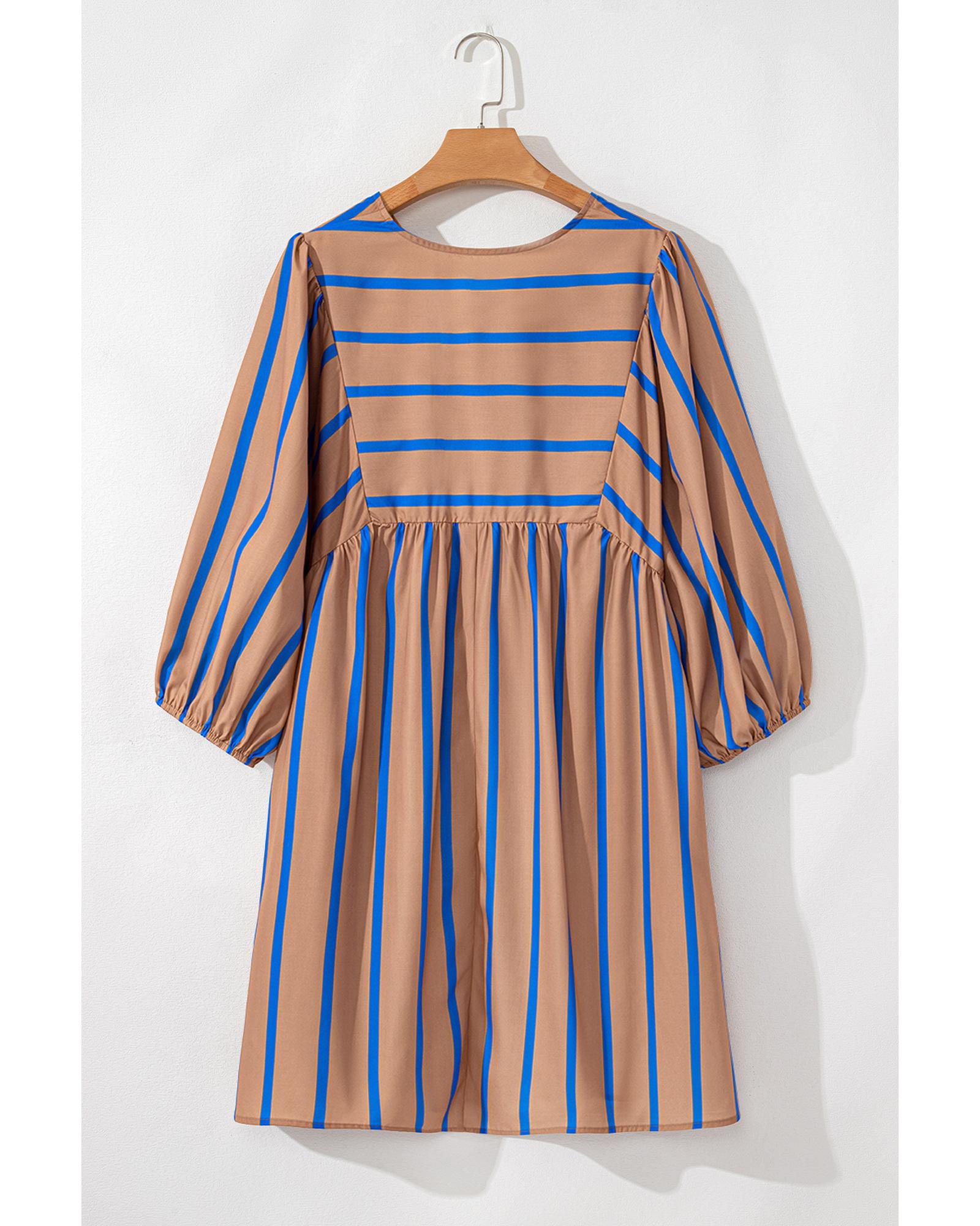 Khaki Stripe Contrast Striped Print 3/4 Sleeve Babydoll Plus Size Dress - 2X
