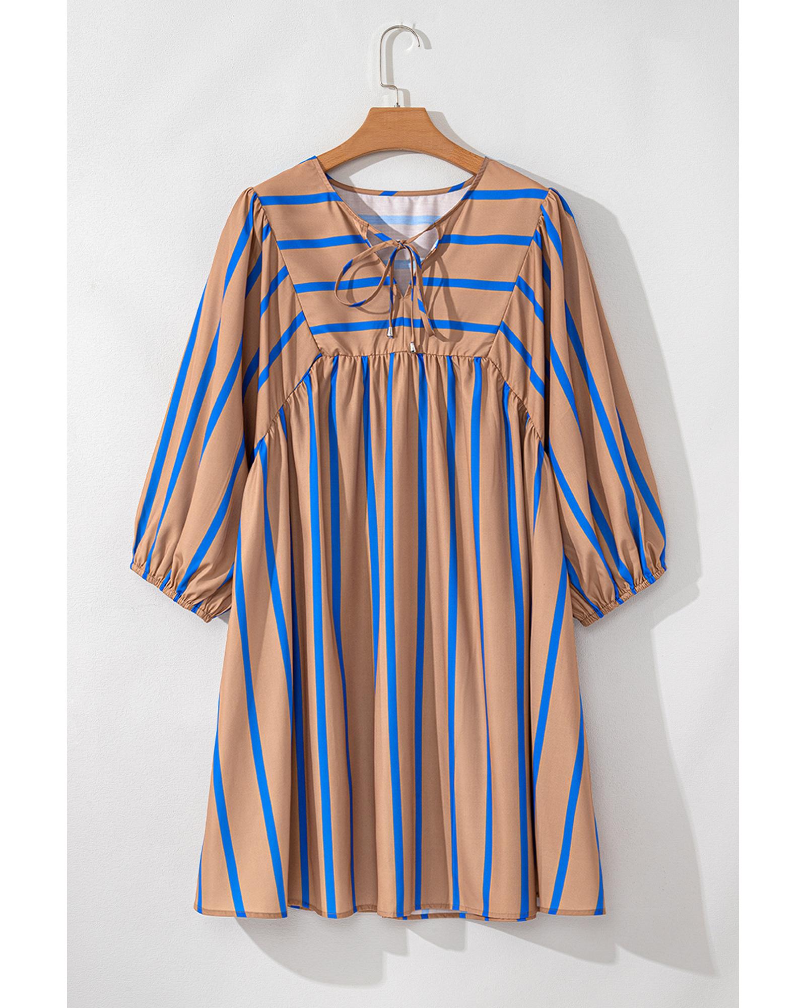 Khaki Stripe Contrast Striped Print 3/4 Sleeve Babydoll Plus Size Dress - 2X