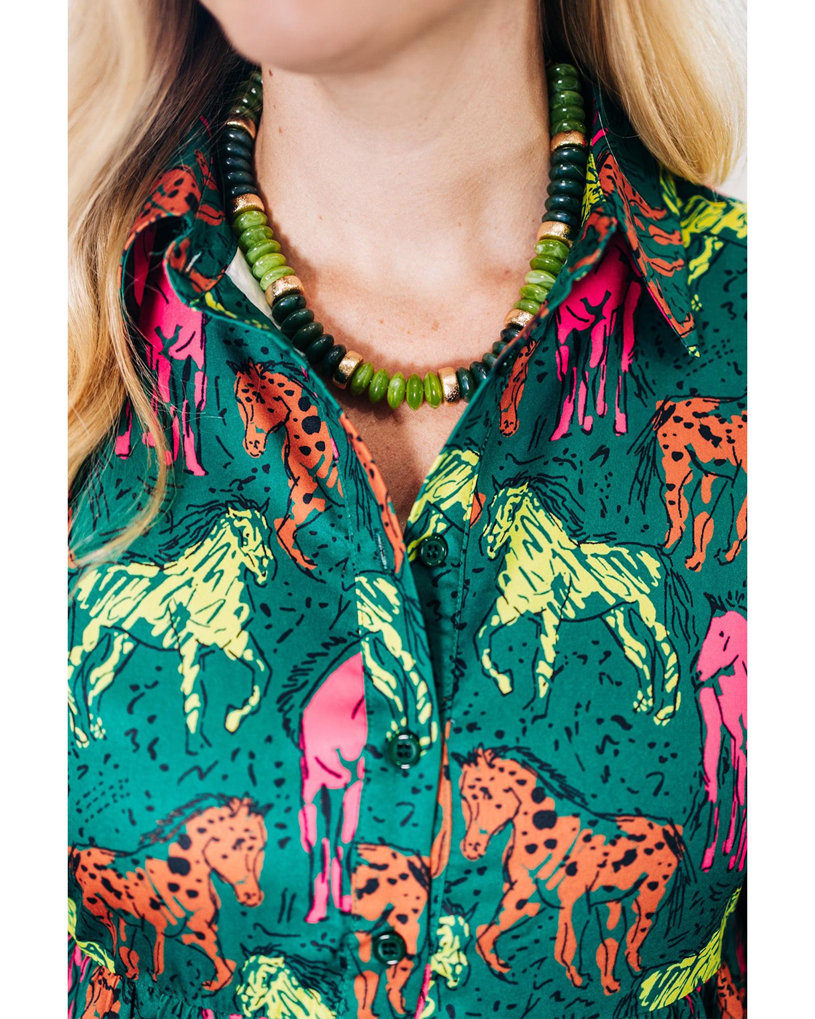 Green Horse Printed Long Sleeve Collared Buttoned Plus Size Midi Dress - 1X