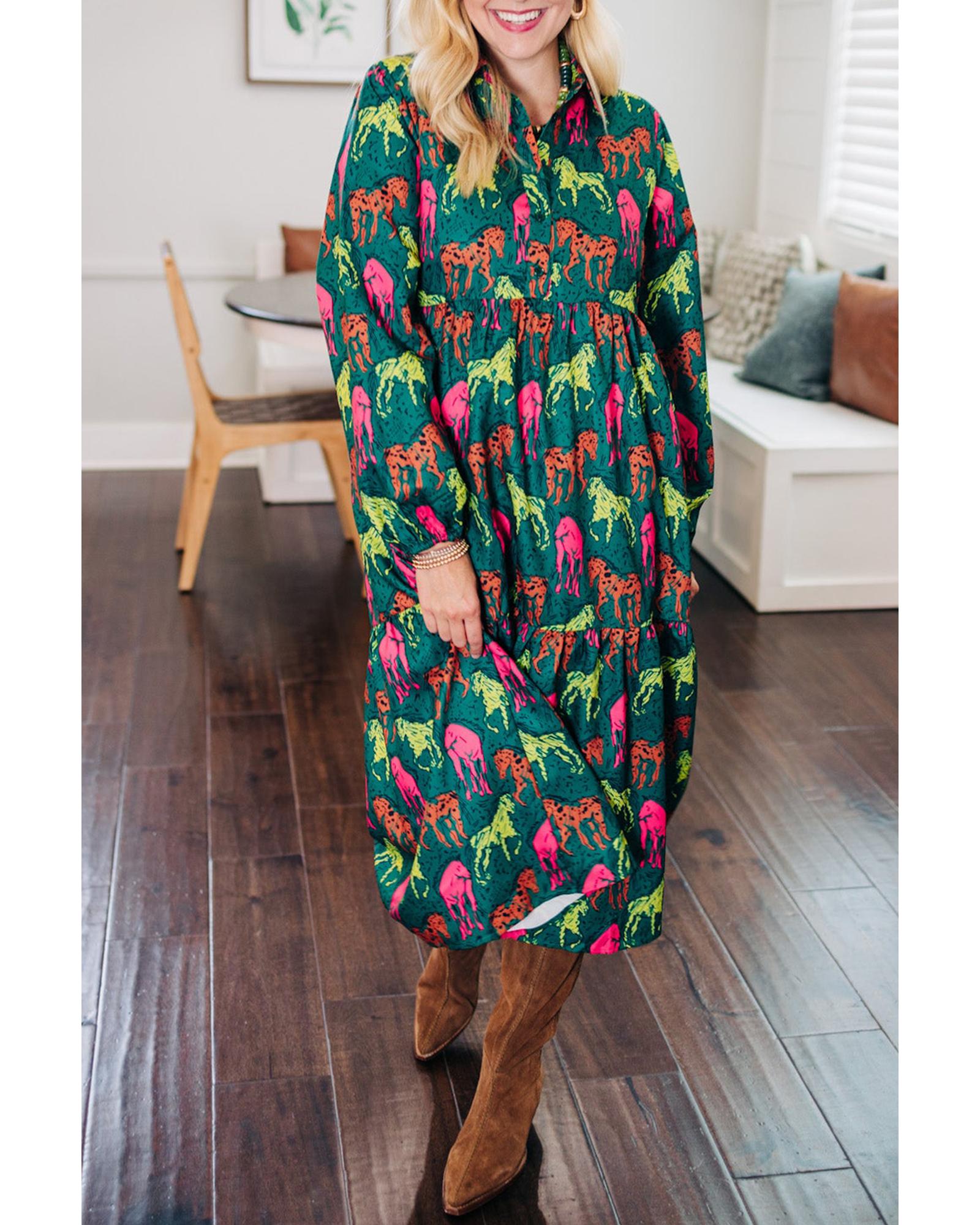 Green Horse Printed Long Sleeve Collared Buttoned Plus Size Midi Dress - 3X