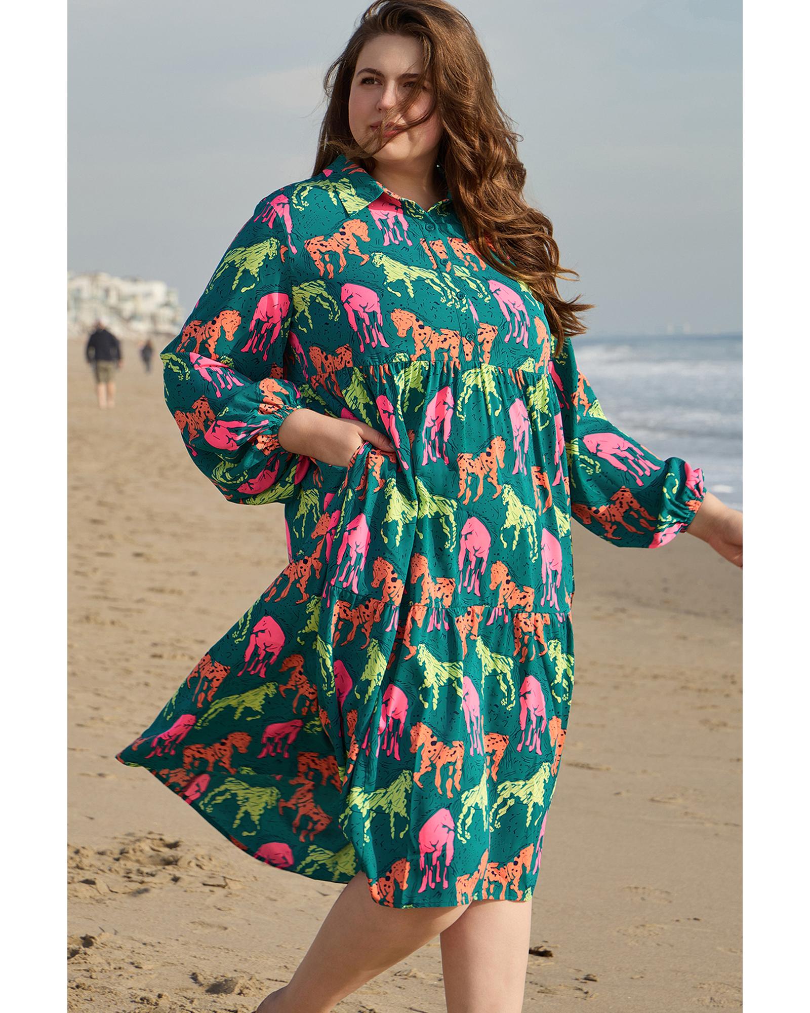 Green Horse Printed Long Sleeve Collared Buttoned Plus Size Midi Dress - 3X
