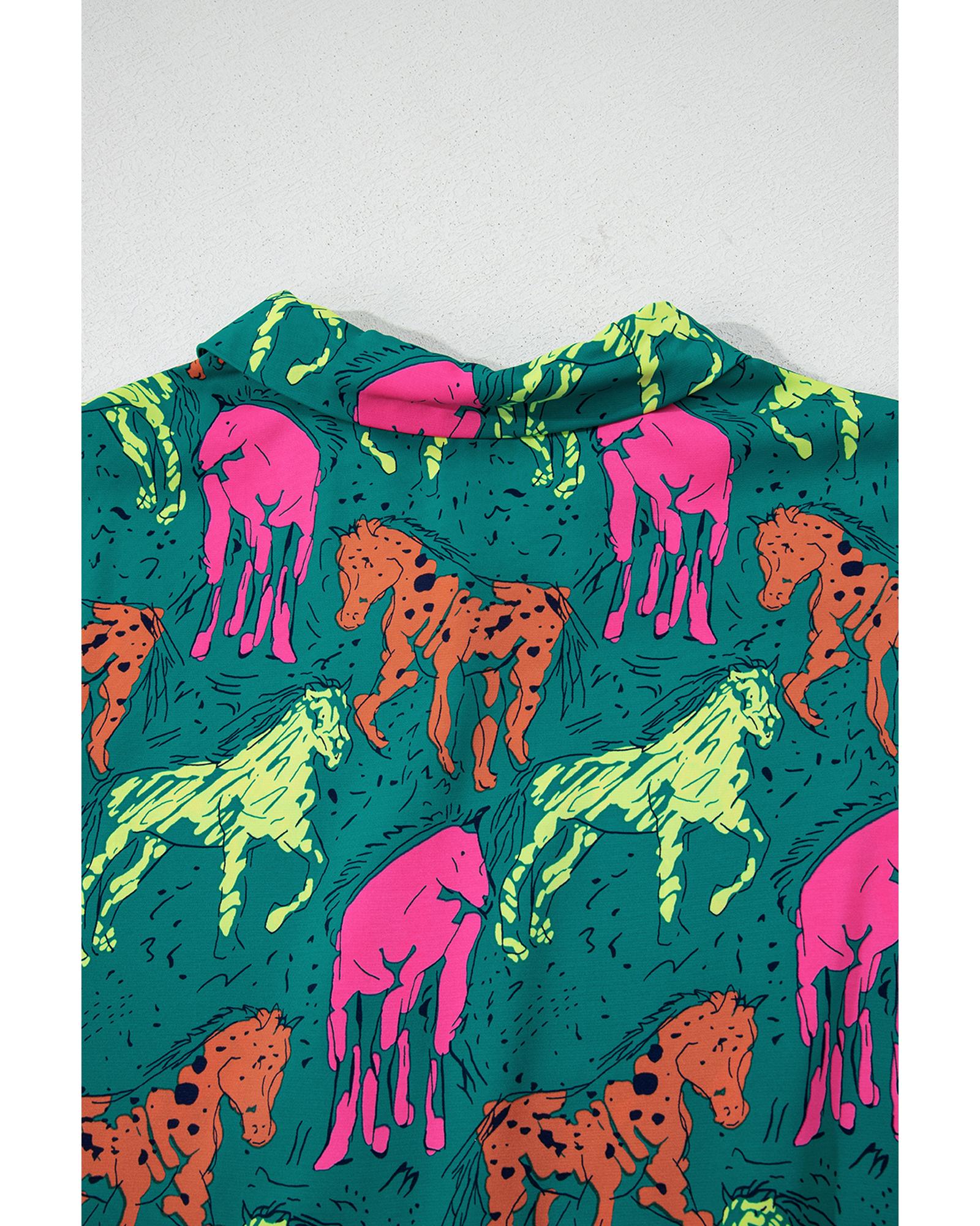 Green Horse Printed Long Sleeve Collared Buttoned Plus Size Midi Dress - 3X