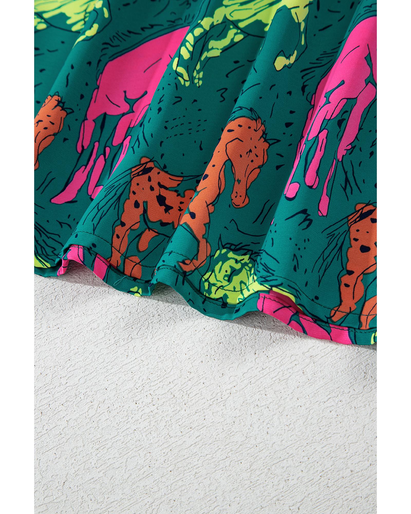 Green Horse Printed Long Sleeve Collared Buttoned Plus Size Midi Dress - 4X