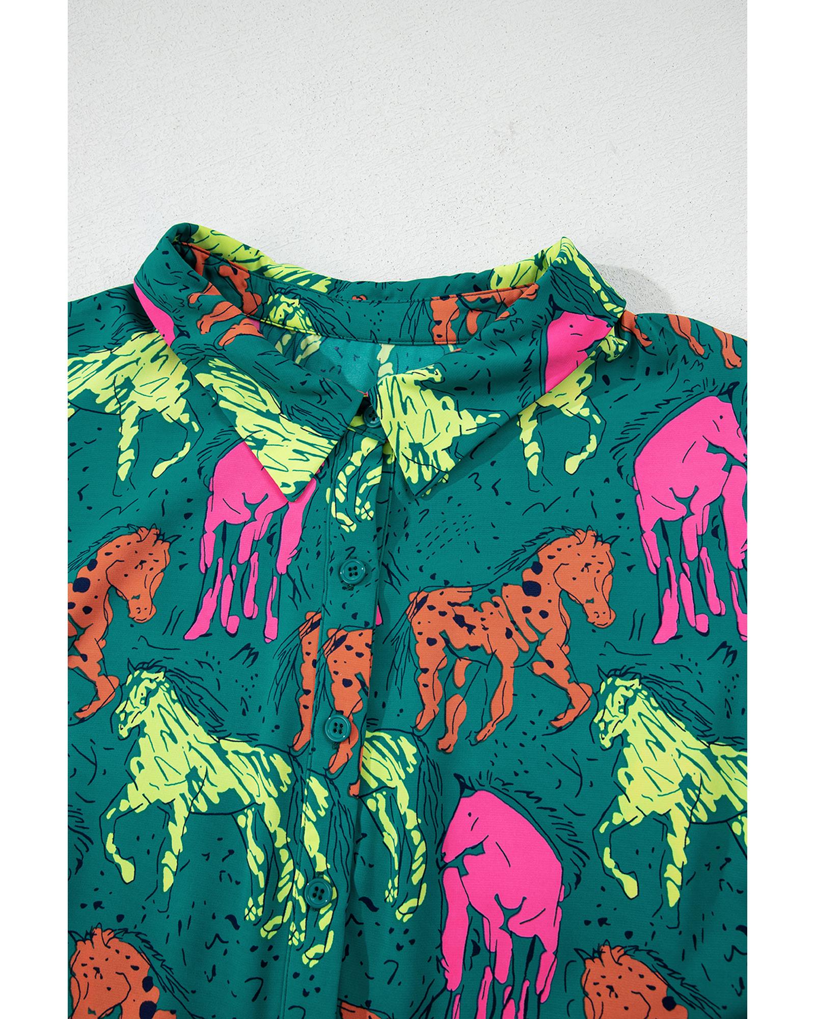 Green Horse Printed Long Sleeve Collared Buttoned Plus Size Midi Dress - 4X