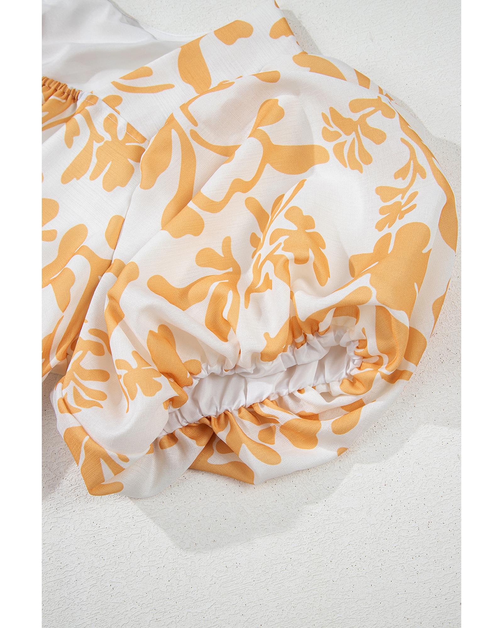 Apricot Floral Print Puff Short Sleeve Resort Plus Size Maxi Dress - 3X