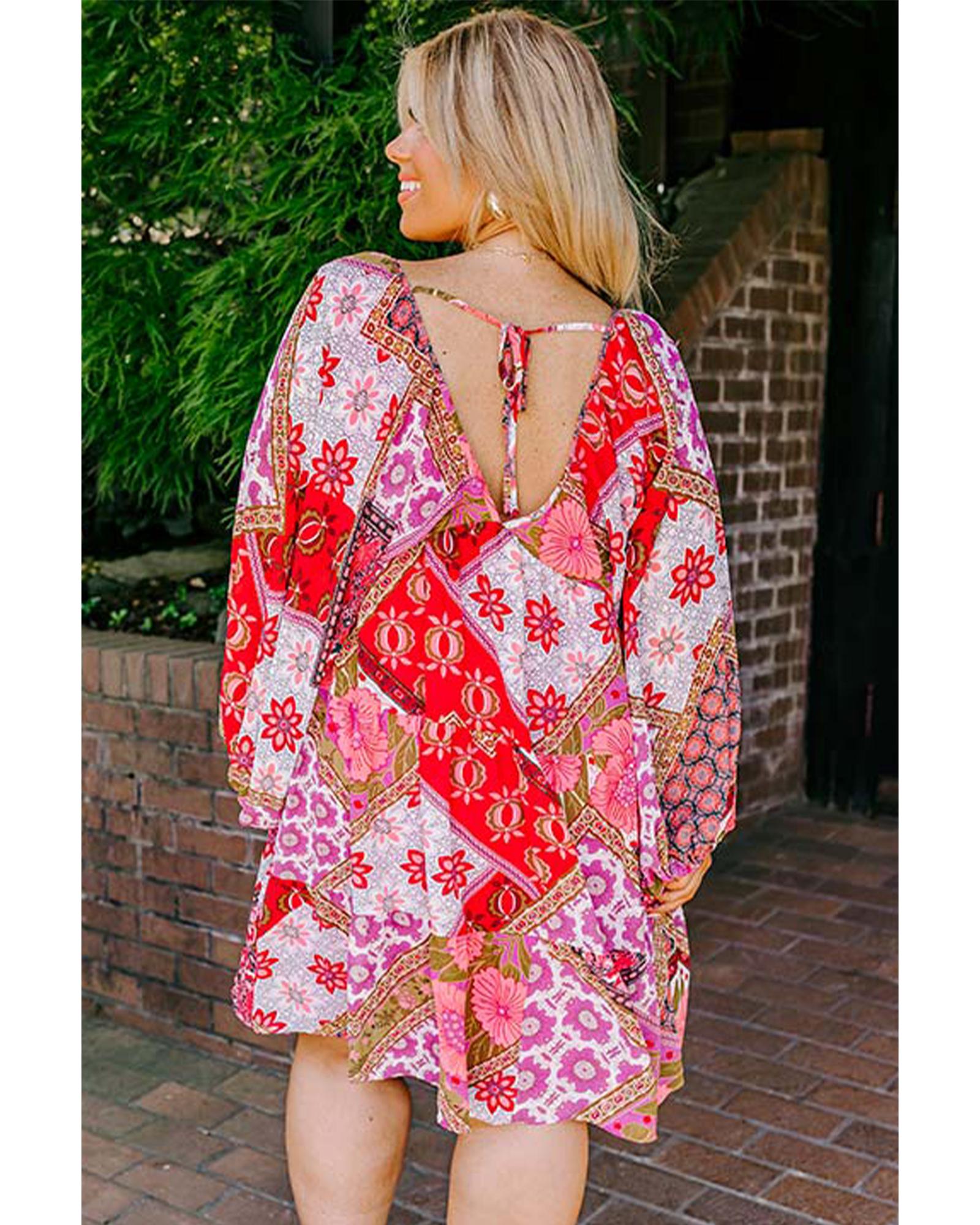Rose Mixed Floral Long Sleeve V Neck Lace-up Hollowed Back Plus Size Dress - 1X