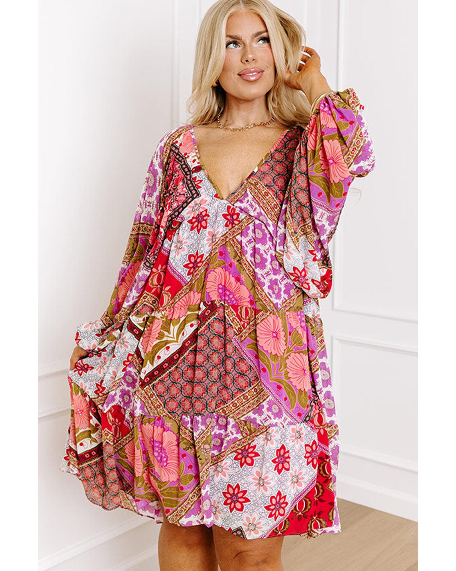 Rose Mixed Floral Long Sleeve V Neck Lace-up Hollowed Back Plus Size Dress - 2X